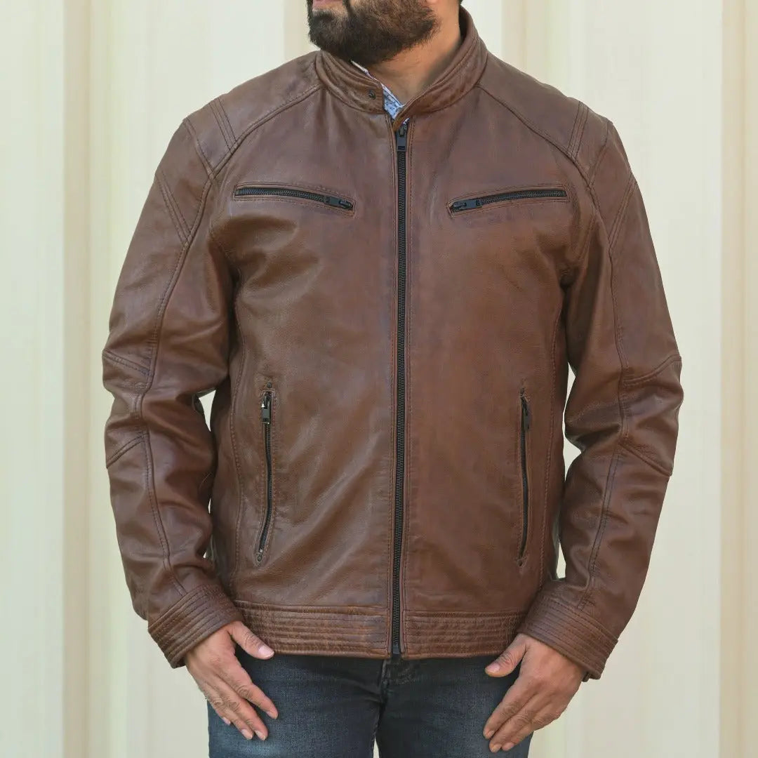 Men's Snap Collar Leather Jacket - Classic Biker Style Jacket for Men | Genuine Leather Motorcycle Jacket | Perfect for Riding, Casual Wear & Outdoor Activities