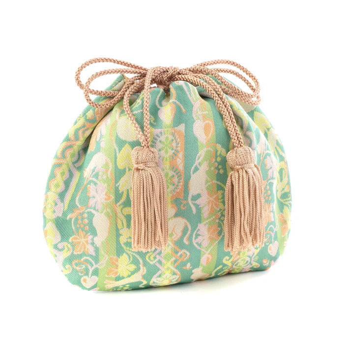 Nishijin Ori Small Drawstring Bag - Japanese Traditional Craft Purse Made in Kyoto | Cat & Love Spoon Design | Perfect for Gift, Cosplay & Cultural Enthusiasts