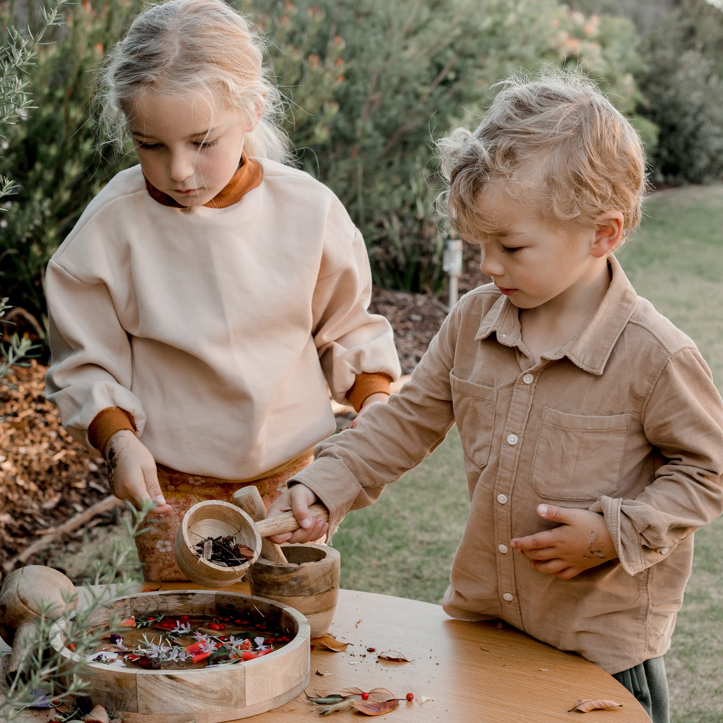 Montessori Wooden Funnel & Sensory Play Set - Natural Mango Wood Pouring, Scooping & Grinding Kit for Kids - Perfect for Loose Parts Play, Water Activities & Early Childhood Learning - Ideal for Home, Classroom & Daycare Sensory Bins
