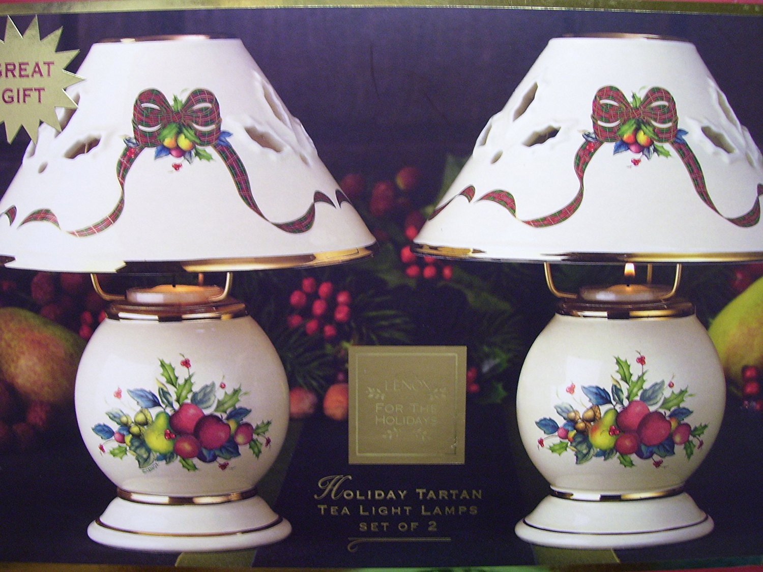 Lenox Holiday Tartan Tealight Candle Lamps - Set of 2, Festive Christmas Decor for Home, Tabletop, and Mantel Decorations