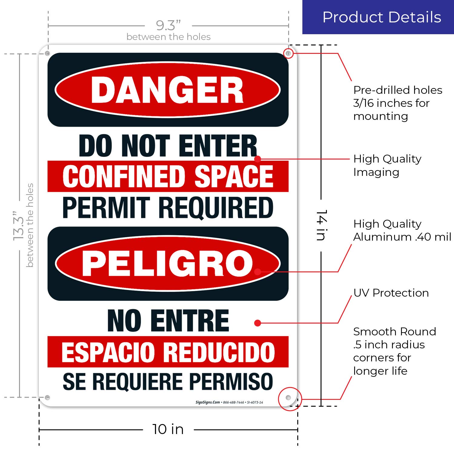Do Not Enter Confined Space Permit Required Bilingual OSHA Danger Sign - 10x14 Inch Rust-Free .040 Aluminum Safety Sign - Fade Resistant for Indoor/Outdoor Use - Made in USA - Perfect for Construction Sites, Factories & Industrial Areas