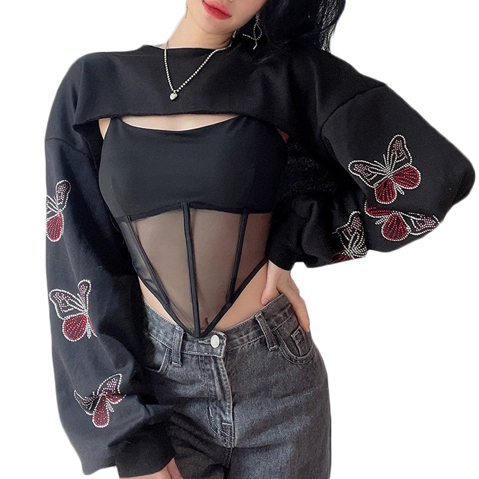 Sexy Women's Mesh Fishnet Patchwork Crop Top Hoodie - Long Sleeve Pullover Shirt for Streetwear, Club Outfits & Fashion Photoshoots
