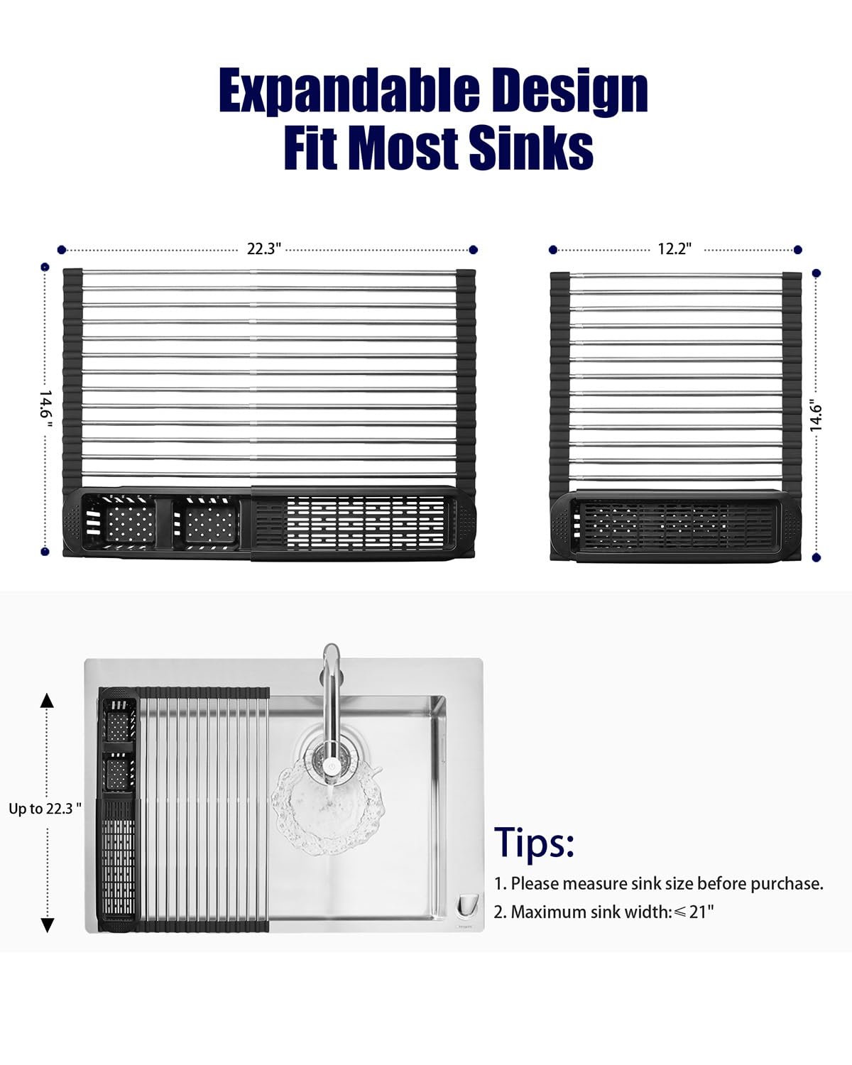 Expandable Stainless Steel Roll Up Dish Drying Rack - Over The Sink Dish Drainer with Utensil Holder (22.3 Inch, Black) | Space Saving Kitchen Organizer for Small Spaces & Apartment Living