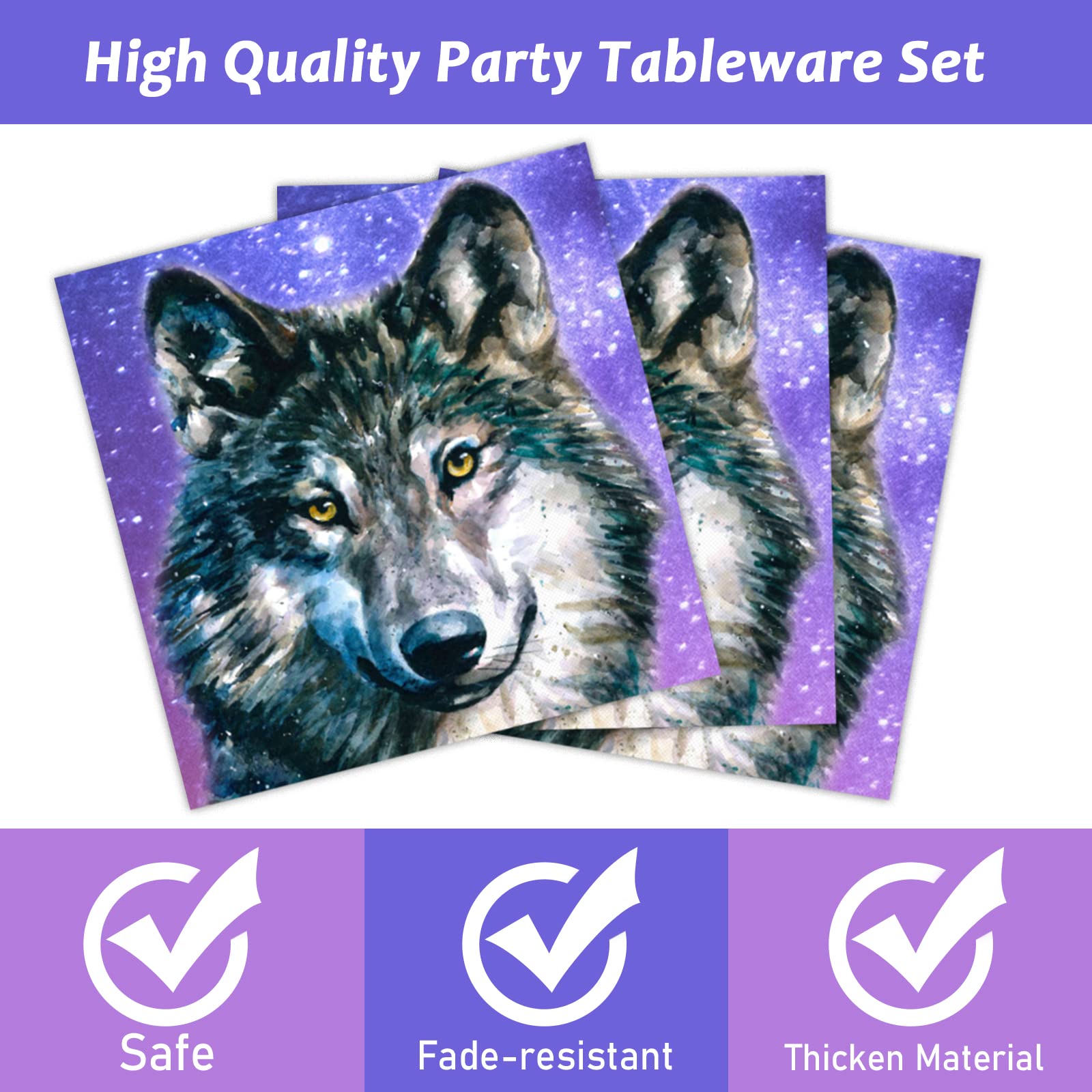 Wiooffen 96-Piece Wolf Themed Party Supplies Set - Disposable Plates, Napkins & Forks for Animal Birthday Decorations | Perfect for Boys, Girls Birthday Parties & Baby Showers (Serves 24 Guests) | Ideal for Jungle-Themed Events, Kids Celebrations & Outdoor Gatherings