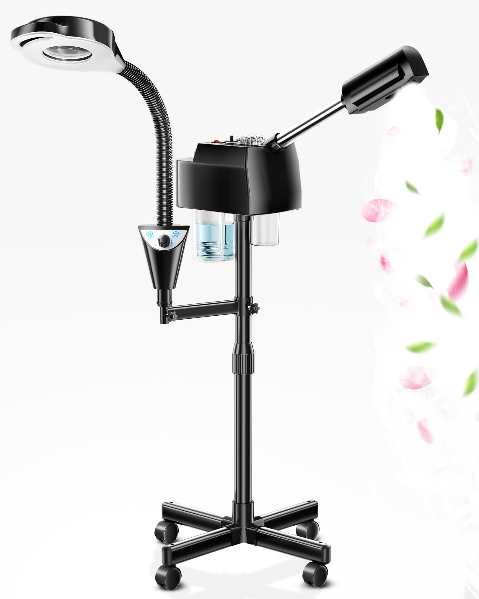 Professional Black Ionic Facial Steamer on Wheels for Deep Skin Cleansing - Esthetician & Spa Quality Steamer with Adjustable Lamp for Home, Beauty Clinics & Facial Treatments (Perfect for Acne Care & Relaxation Therapy)