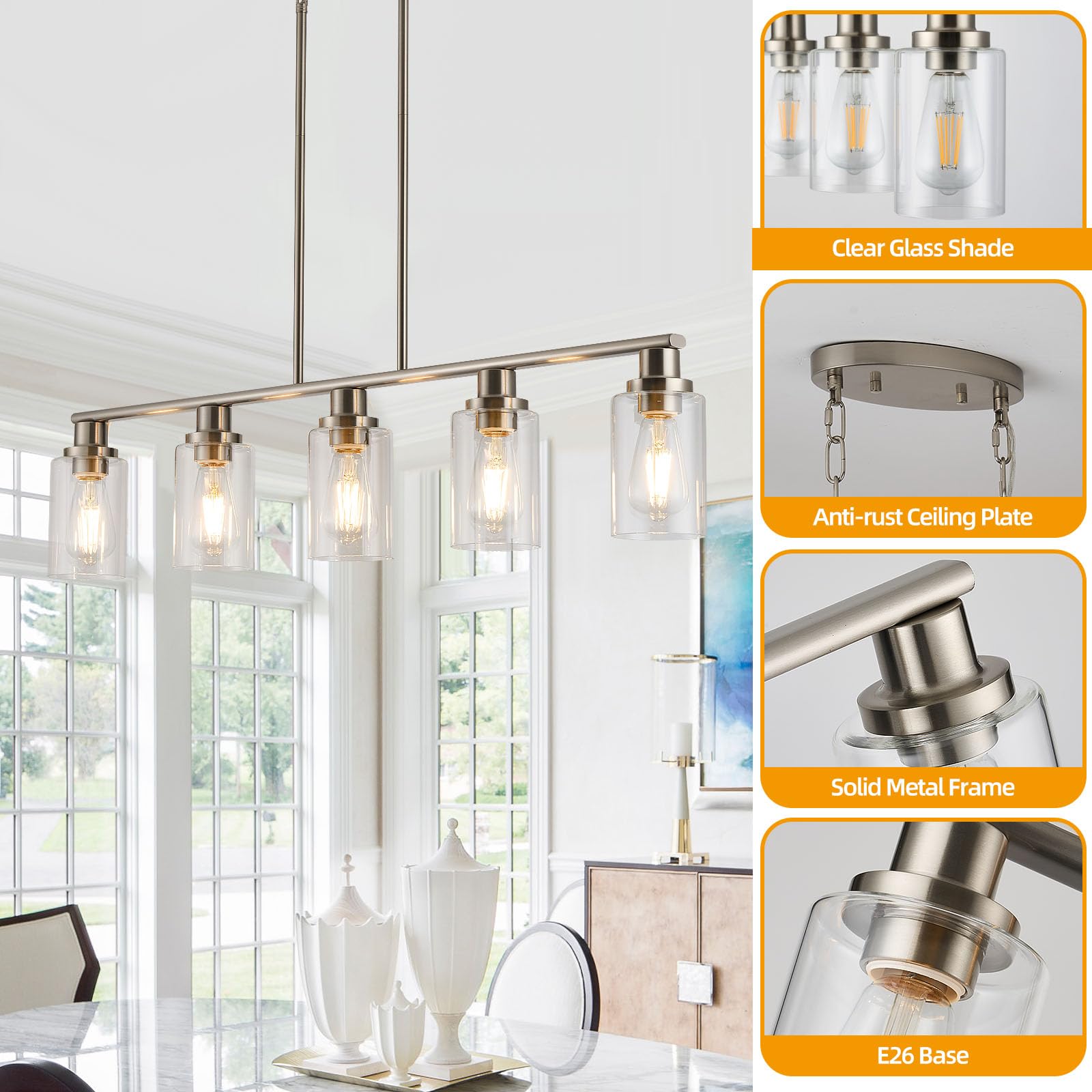 5-Light Farmhouse Pendant Lighting - Brushed Nickel Linear Chandelier with Clear Glass Shades - Rustic Industrial Kitchen Island Lighting for Dining Room & Table - Perfect for Farmhouse, Industrial & Modern Home Decor