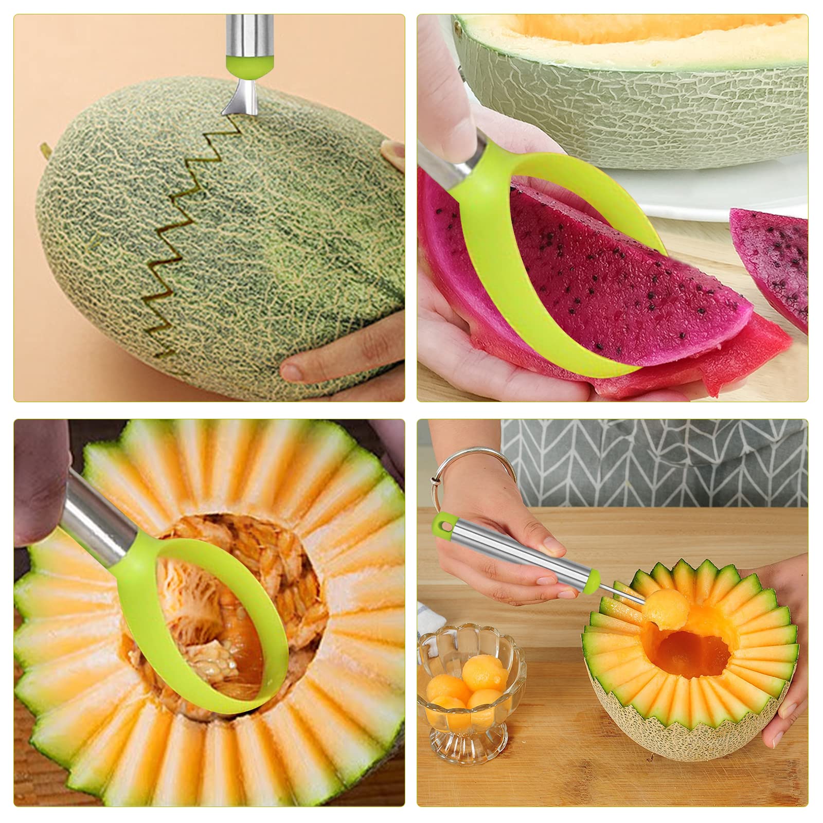 17-Piece Stainless Steel Melon Baller Set - 4-in-1 Fruit Scooper, Seed Remover, Vegetable Cutter & Peeler for Watermelon, Cantaloupe & Honeydew | Perfect for Fruit Salads, Smoothie Bowls & Party Platters