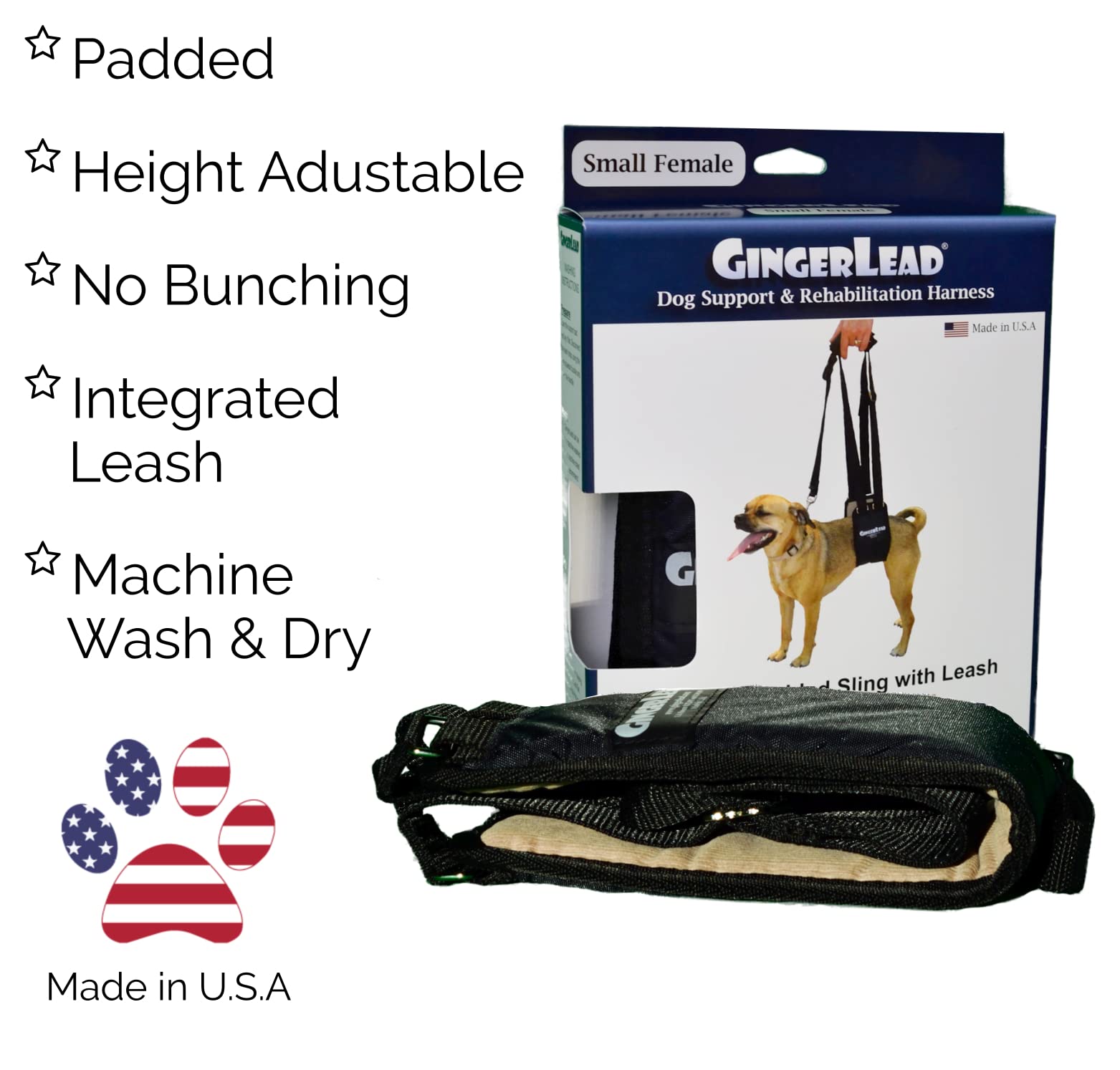Premium Dog Sling Support Harness for Small to Medium Dogs (20-50 lbs) - Padded Rear Lifting Aid with Leash Attachment - Ideal for Barrel-Chested Breeds Like Boxers & Bullies - Made in USA - Perfect for Elderly Dogs, Post-Surgery Recovery & Mobility Assistance