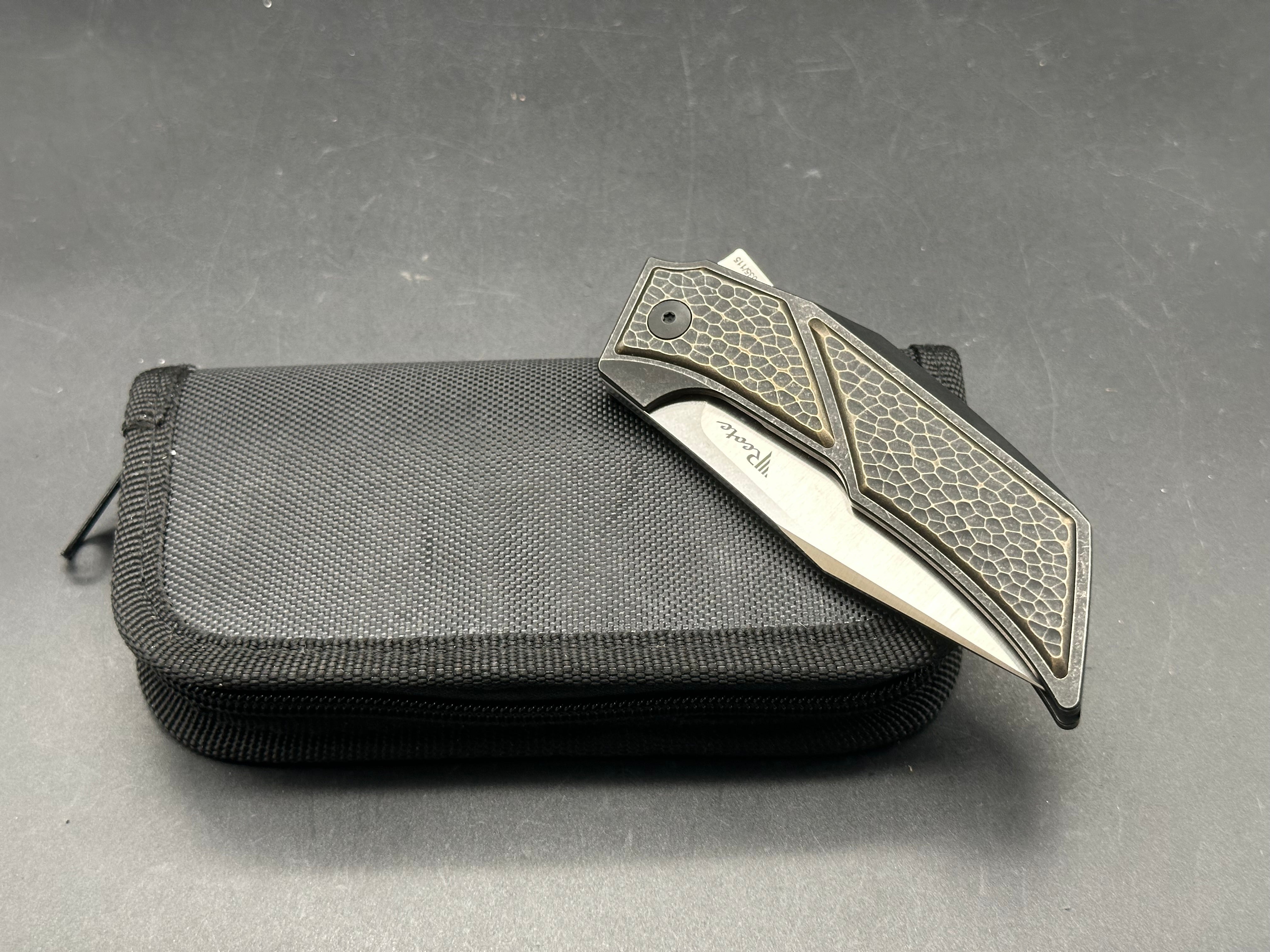 Reate Tashi Bharucha T3500 Folding Knife - Bronze Titanium Frame with Textured Brass Inlays | EDC Pocket Knife for Outdoor, Camping & Everyday Carry