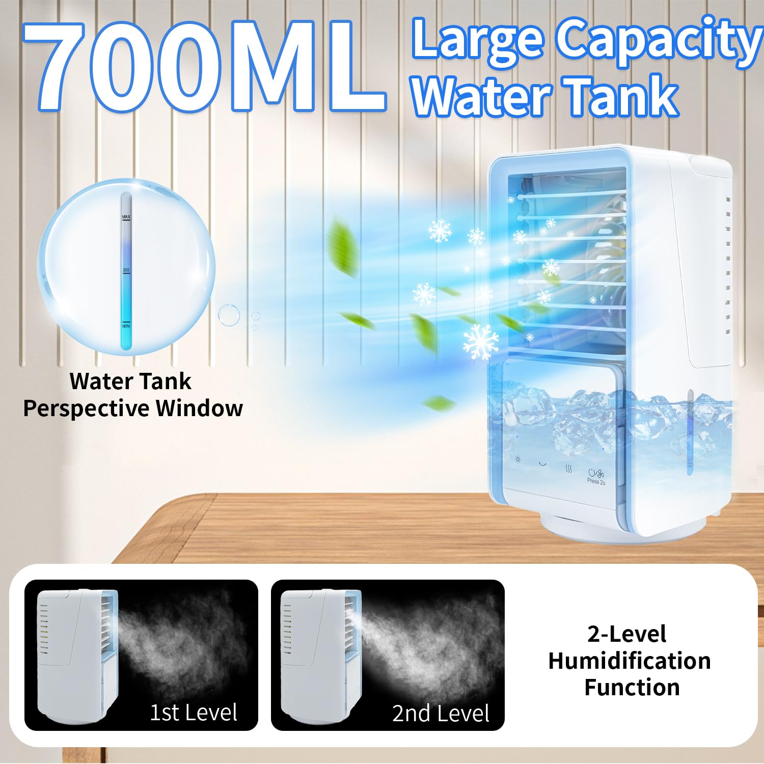 5-in-1 Portable Air Conditioner Fan with 3 Speed Settings, Cool Mist Spray & 7 LED Lights - 120° Oscillating Evaporative Air Cooler for Home, Office, Bedroom, and Outdoor Use