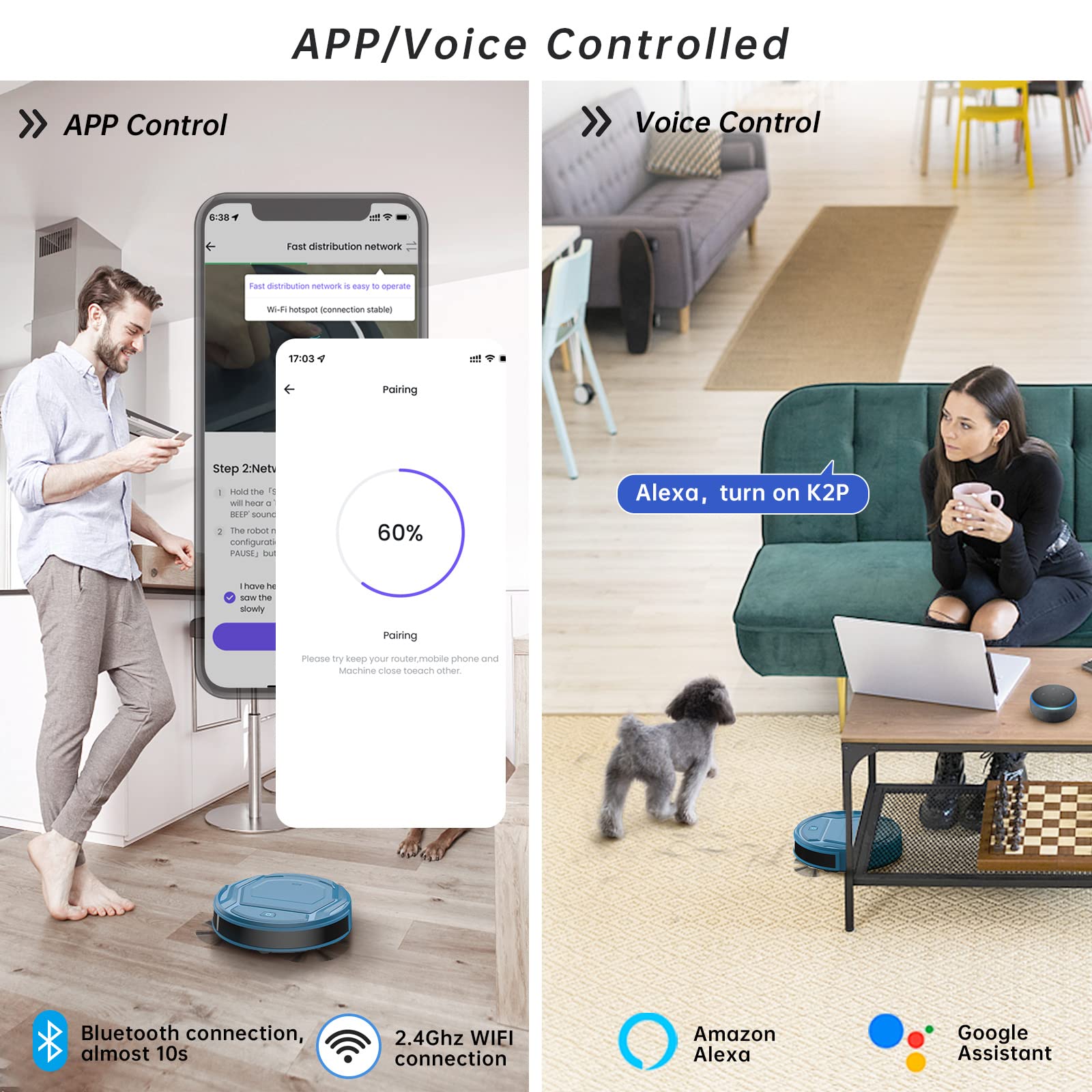 OKP K2-Pro Robot Vacuum Cleaner with WiFi/App/Alexa Control, Smart Mapping & Auto Charging - Powerful Suction for Pet Hair, Carpets & Hard Floors - Ultra Quiet Cleaning for Home, Office & Apartment Use