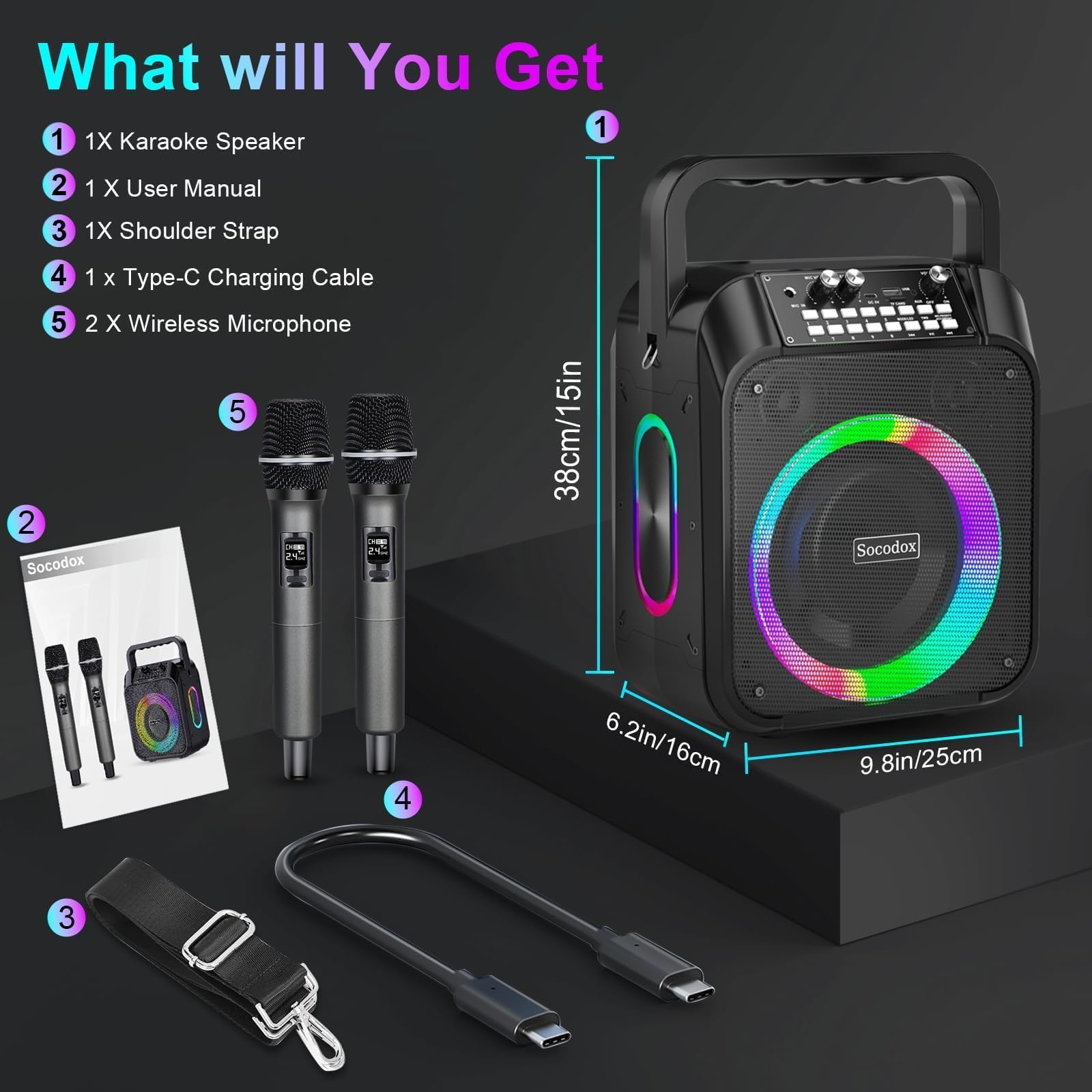 60W Portable Bluetooth Karaoke Machine with 2 Wireless Mics - 6000mAh Battery (12H Playtime), TWS Stereo, RGB Lights, Dual Diaphragm PA System for Home Parties, Singing & DJ Performances | Perfect for Family Gatherings, Kids' Birthday Parties & Indoor/Outdoor Entertainment
