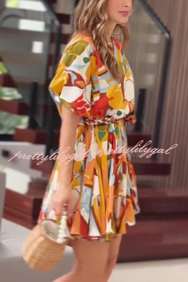**Stylish Printed Round Neck Short Sleeve Waist Tie Mini Dress for Women - Perfect for Vacation, Beach, and Summer Outfits**