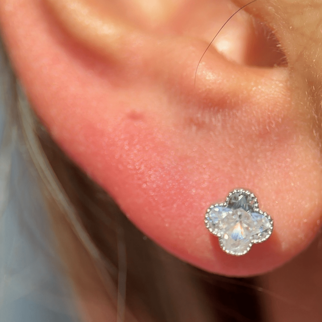 14K White Gold Diamond-Cut Beaded Clover Stud Earrings - Flat Back for Sensitive Ears | Perfect for Everyday Wear, Gifts & Special Occasions