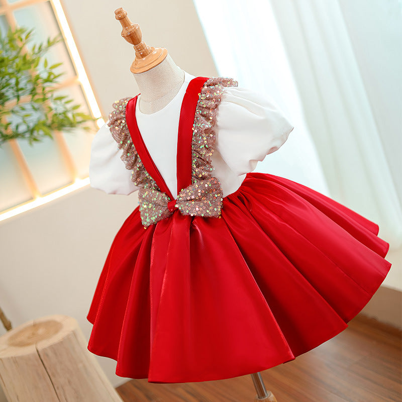 Red Satin Princess Flower Girl Dress with Sequin & Ruffle Details | Puff Sleeve Party Dress for Weddings, Birthday Parties & Special Occasions