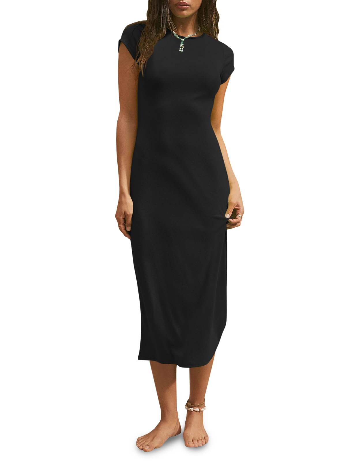 Wenrine Women's Short Sleeve T-Shirt Dress - Summer Crew Neck Basic Casual Midi Dress - Perfect for Beach Outings, Brunch Dates & Everyday Wear