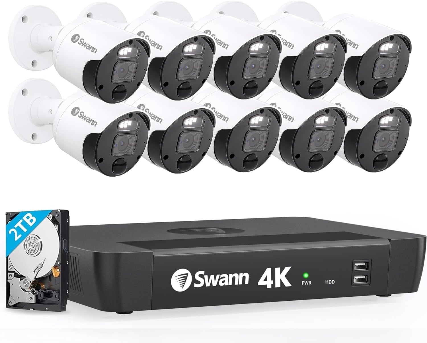 SWANN Master 4K 16-Channel Home Security Camera System with 2TB NVR & 10 PoE IP Outdoor Cameras - Wired Surveillance CCTV with Heat Motion/Vehicle Detection, LED Lights & 24/7 Recording (Model 1676810) - Ideal for Home Protection, Business Security & Property Monitoring