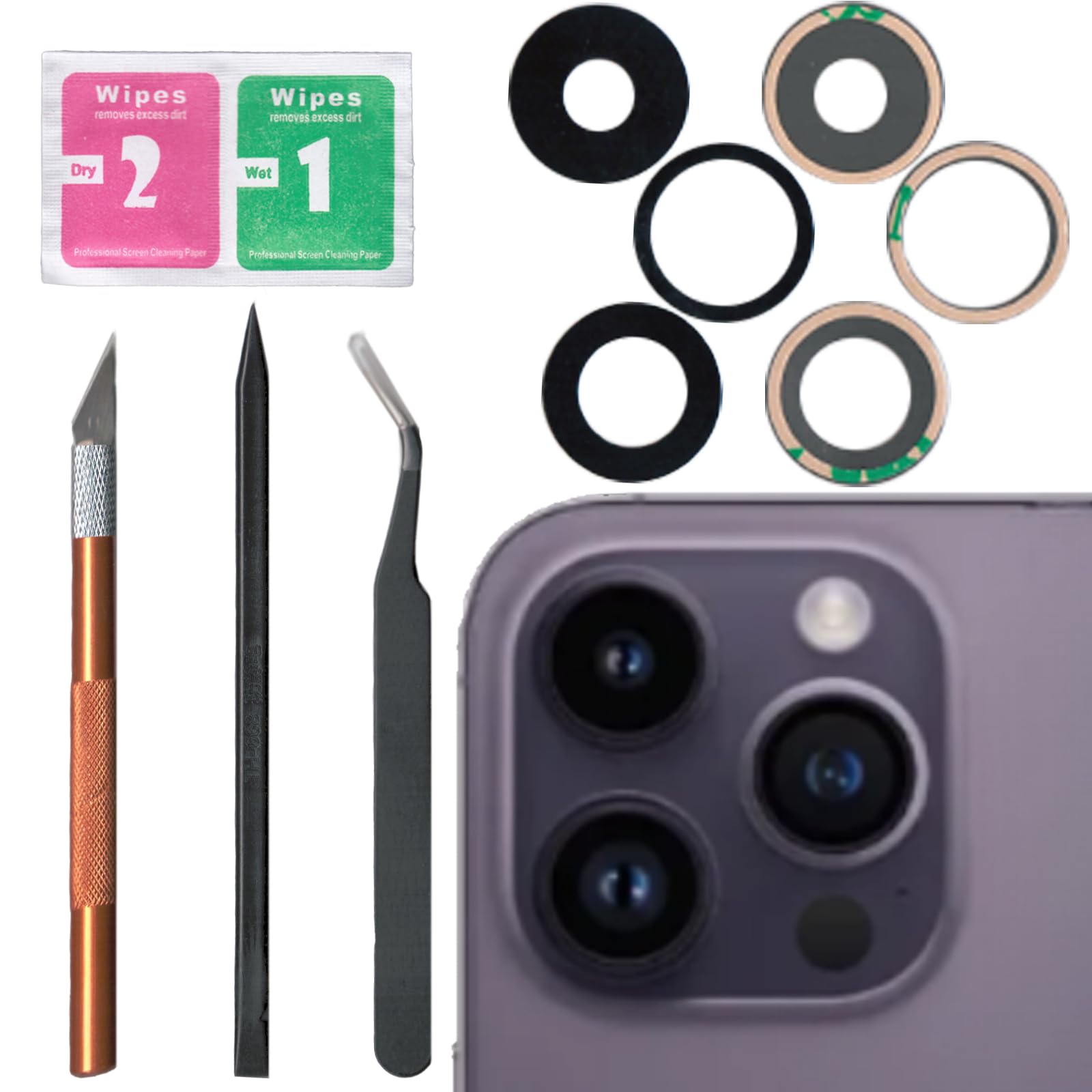 iPhone 14 Pro/14 Pro Max Rear Camera Lens Glass Replacement with Pre-Installed Adhesive & Repair Tool Kit - Easy DIY Fix for Cracked or Scratched Camera Lens - Perfect for Home Repair, Phone Maintenance, and DIY Enthusiasts