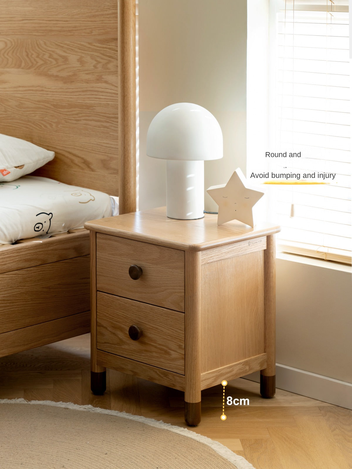 Solid Oak Wood Nightstand with Two Drawers - Bedside Table for Bedroom, Living Room, or Office Storage
