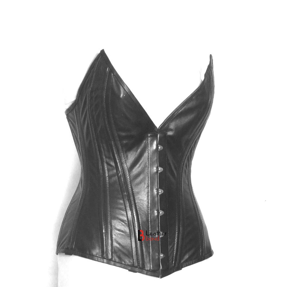Authentic Sheep Leather Black Over Bust Corset with Double Steel Spiral Bones - Perfect for Waist Training, Burlesque Shows & Vintage Fashion