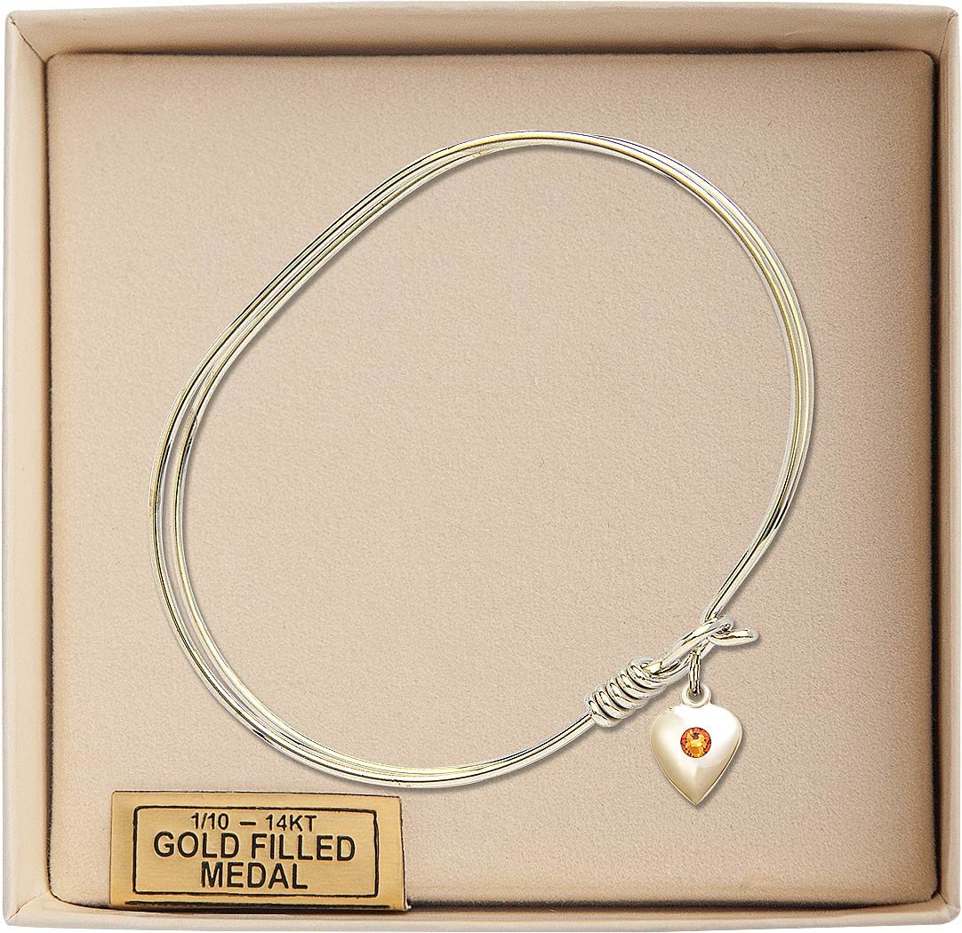 7 Inch Oval Eye Hook Bangle Bracelet with Heart Charm & November Yellow Crystal - Elegant Jewelry for Women, Perfect for Parties, Weddings, and Daily Wear