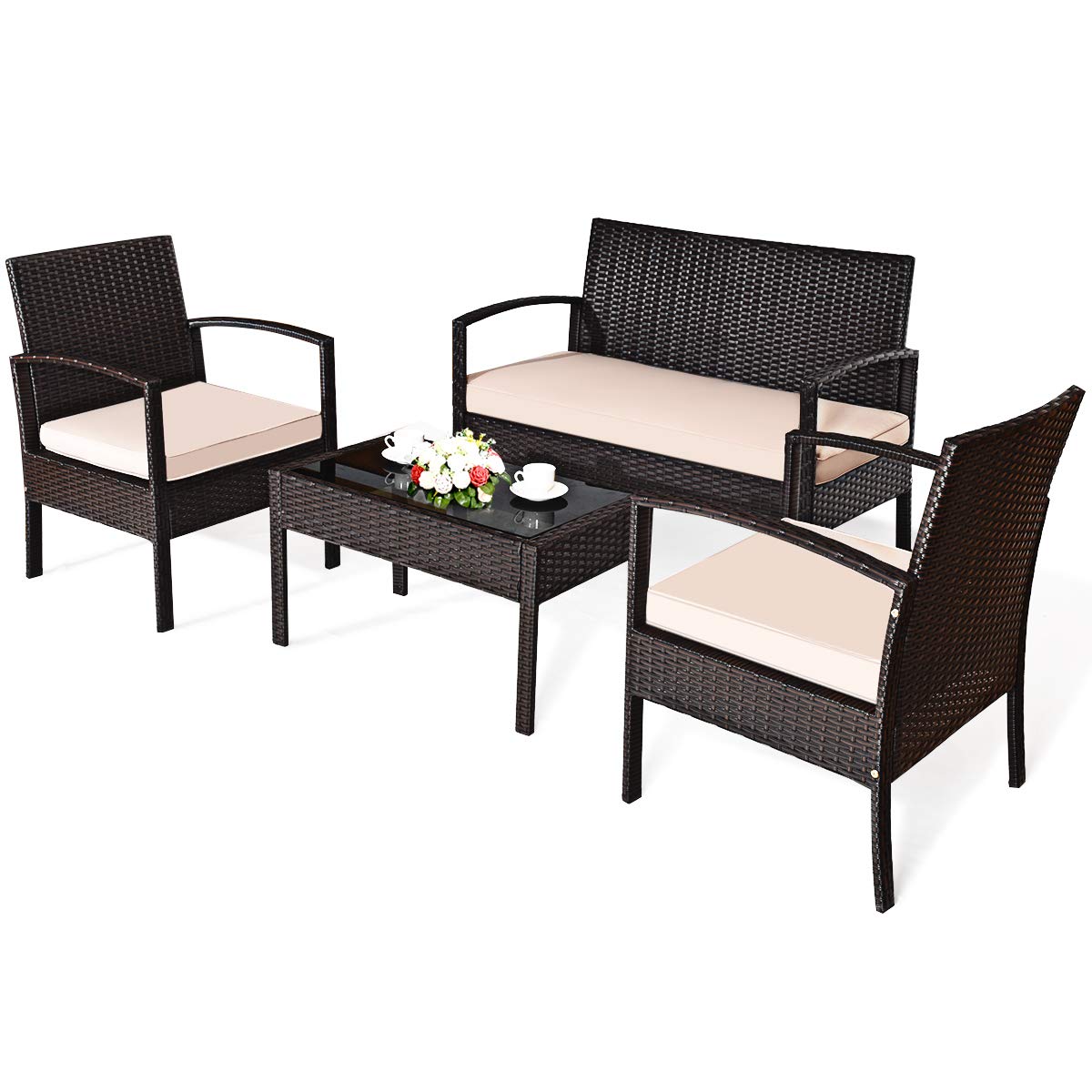 RELAX4LIFE 4-Piece Outdoor Patio Furniture Set - Wicker Rattan Conversation Set with Removable Cushions, 2 Chairs, Loveseat & Glass Coffee Table - Perfect for Garden, Balcony, Poolside & Backyard Relaxation