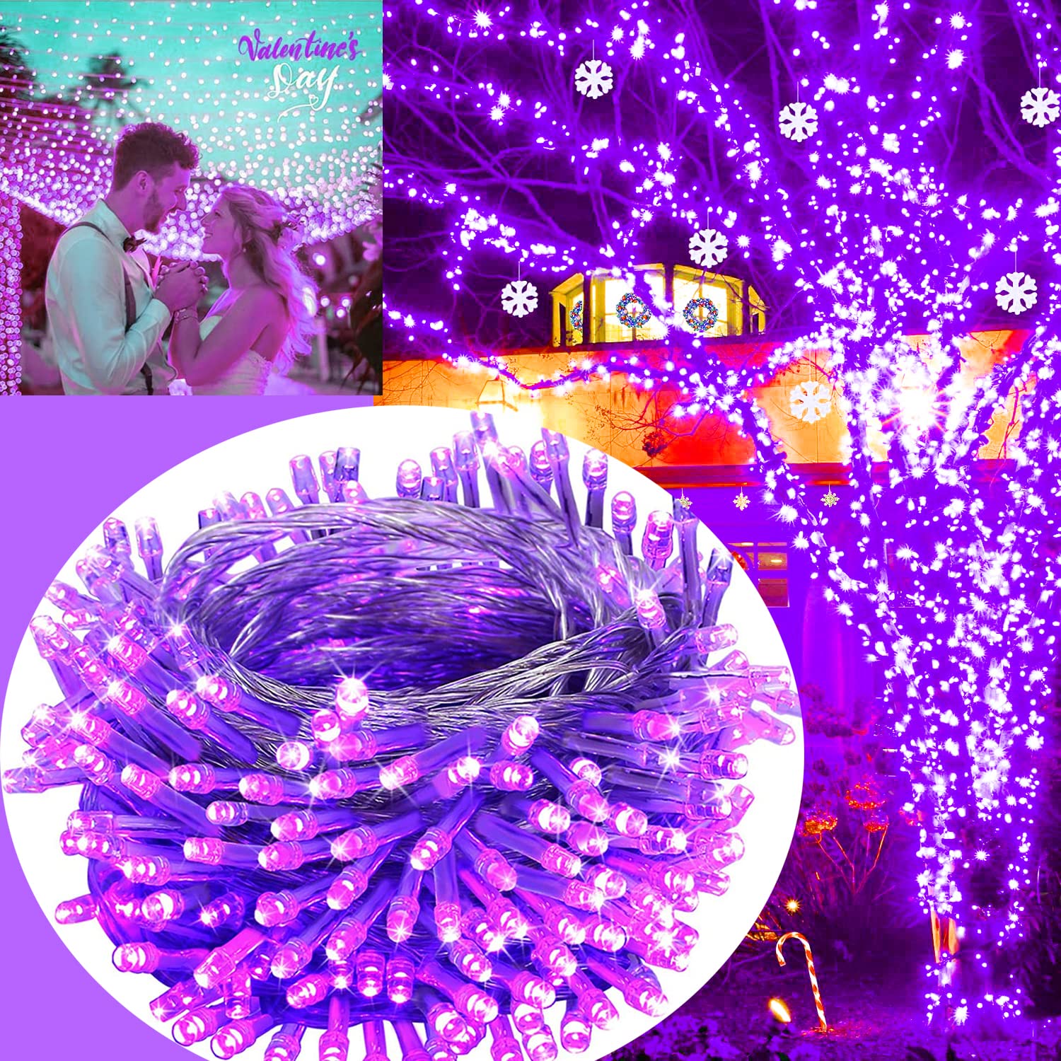 FULLBELL 100 LED Purple Christmas Lights - 33ft Connectable Indoor/Outdoor String Lights with 8 Lighting Modes, Clear Wire for Christmas Tree, Garden, Bedroom, Party & Holiday Decorations
