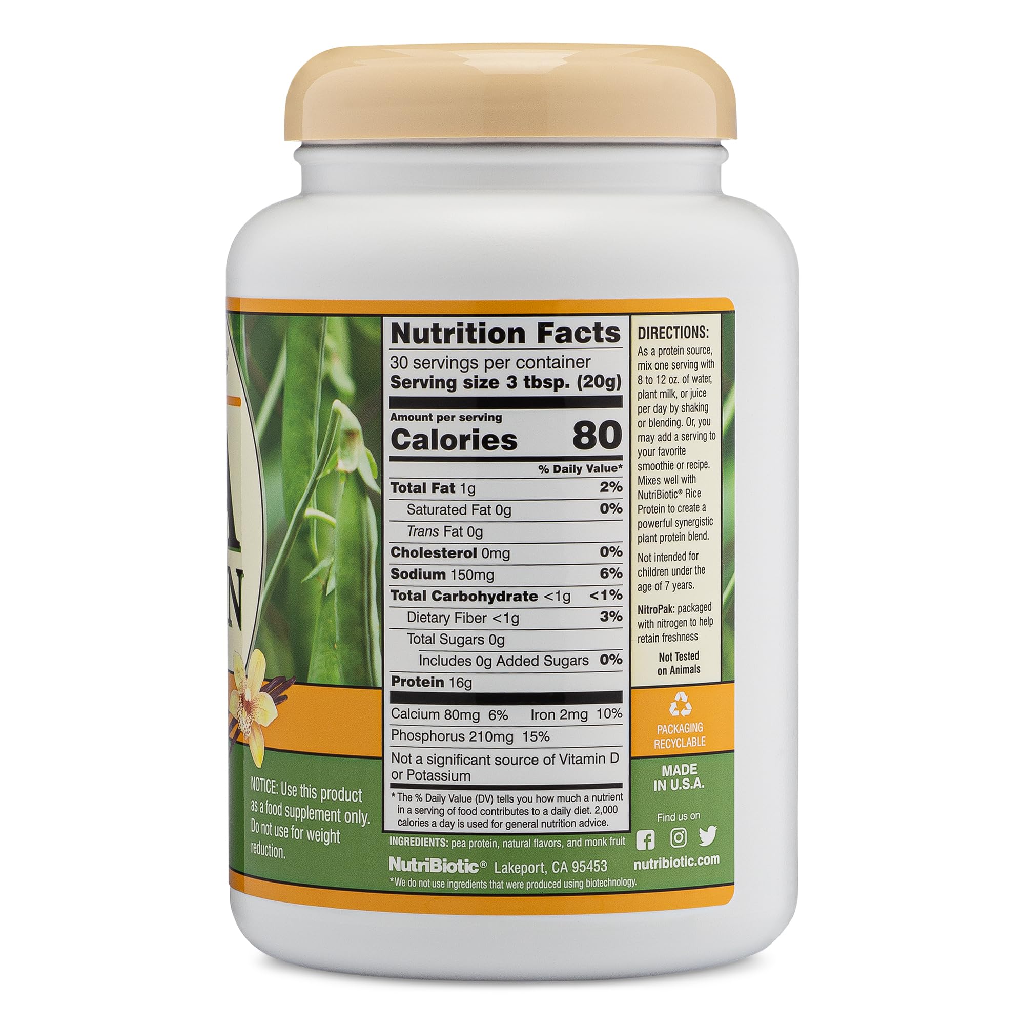 NutriBiotic Vanilla Pea Protein Powder 21 Oz - Low Carb Vegan Plant-Based Protein, Keto Friendly, Gluten Free, Non-GMO, BCAA Rich | USA Grown & Processed | Smooth & Creamy for Shakes, Smoothies & Baking | Post-Workout Recovery & Healthy Lifestyle