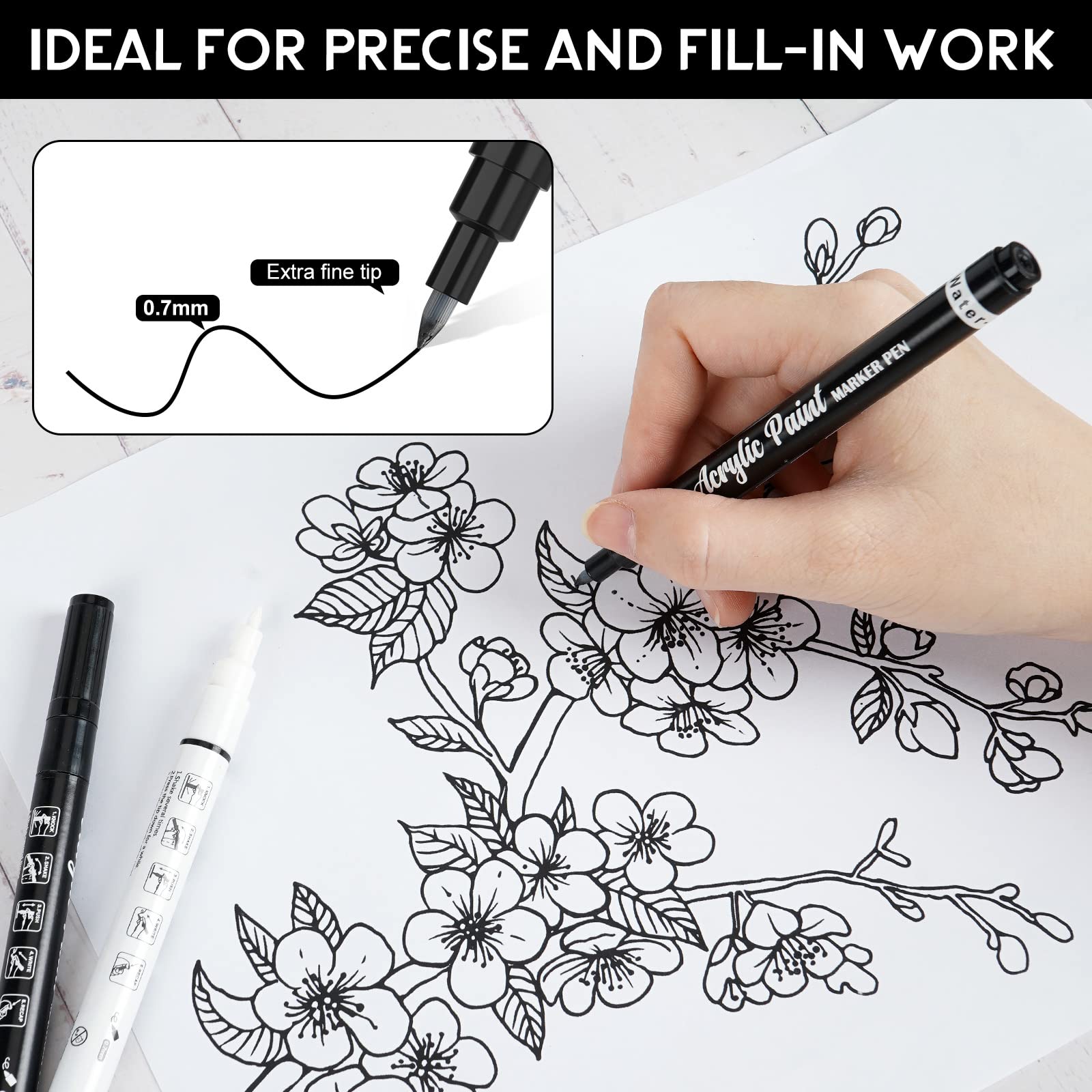8 Pack 0.7mm White Paint Pens - Acrylic Markers Set (6 White & 2 Black) for Rock Painting, Wood, Canvas, Glass, Ceramic & Paper Art - Extra Fine Tip with Opaque Ink - Perfect for DIY Crafts, Home Decor & Graffiti Projects