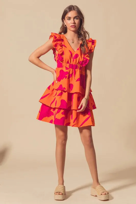 Stylish Orange Layered Resort Dress with Elastic Waist - Perfect for Beach Vacations, Summer Parties & Tropical Getaways