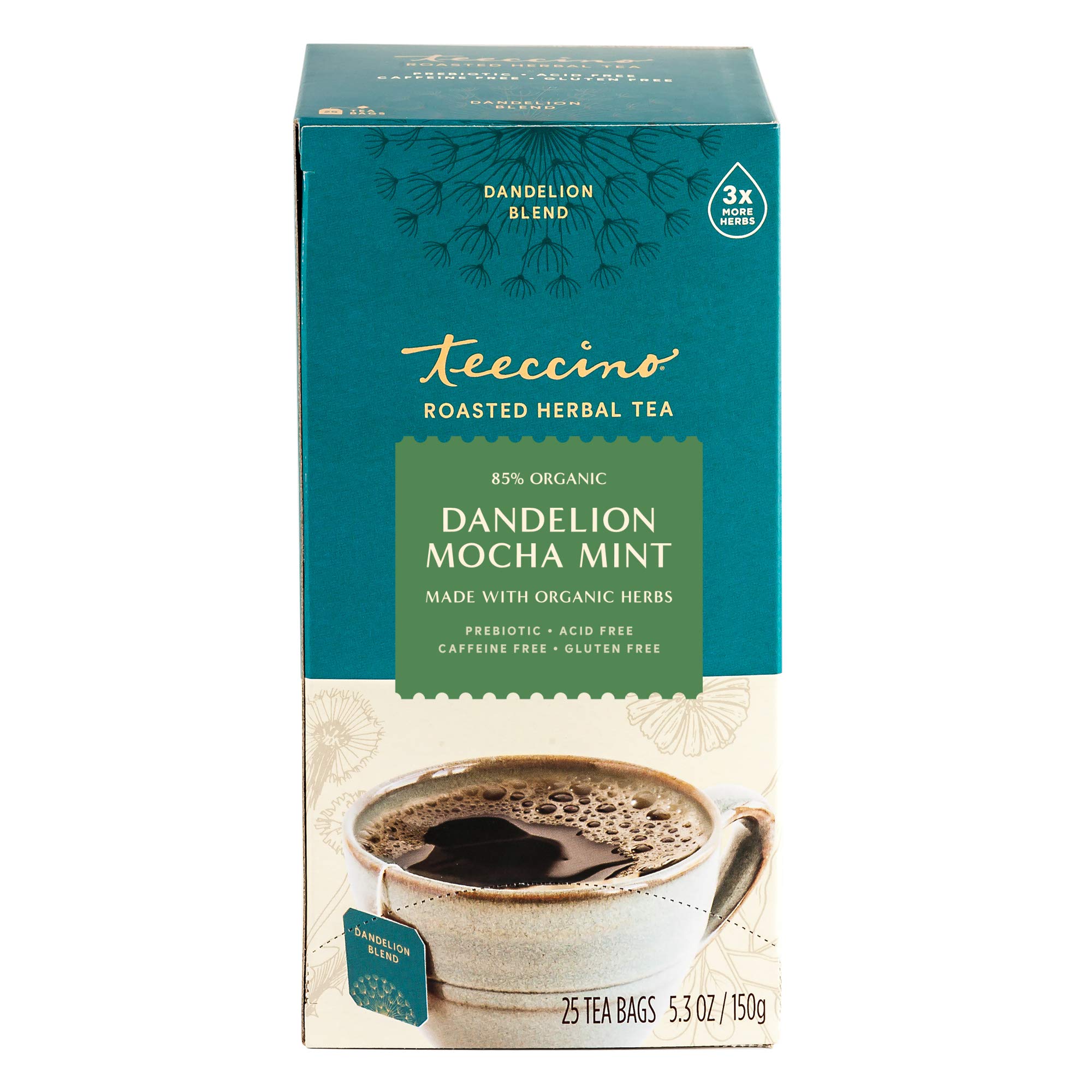 Teeccino Dandelion Mocha Mint Herbal Tea - Caffeine Free, Prebiotic Rich, Gluten Free Roasted Herbal Tea with 3x More Herbs - 25 Tea Bags for Relaxation & Digestive Health