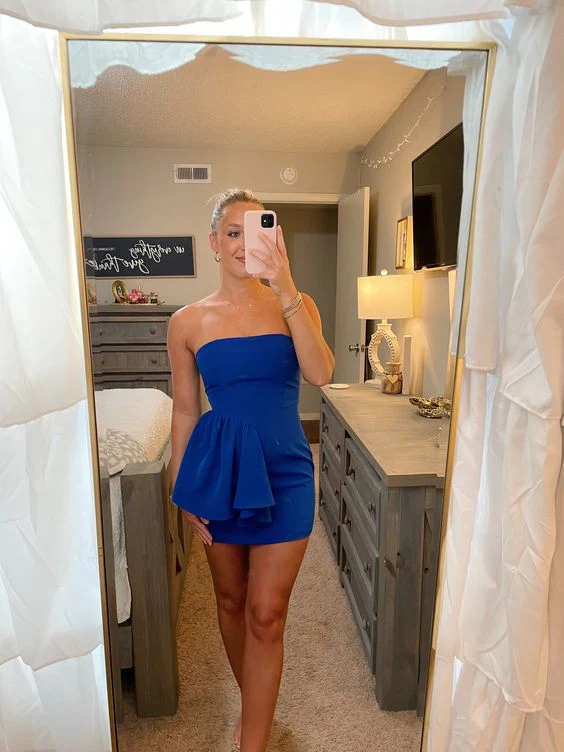 Elegant Blue Sheath Homecoming Dress | Strapless Short Prom Dress J3907 | Perfect for Dances, Parties & Special Occasions
