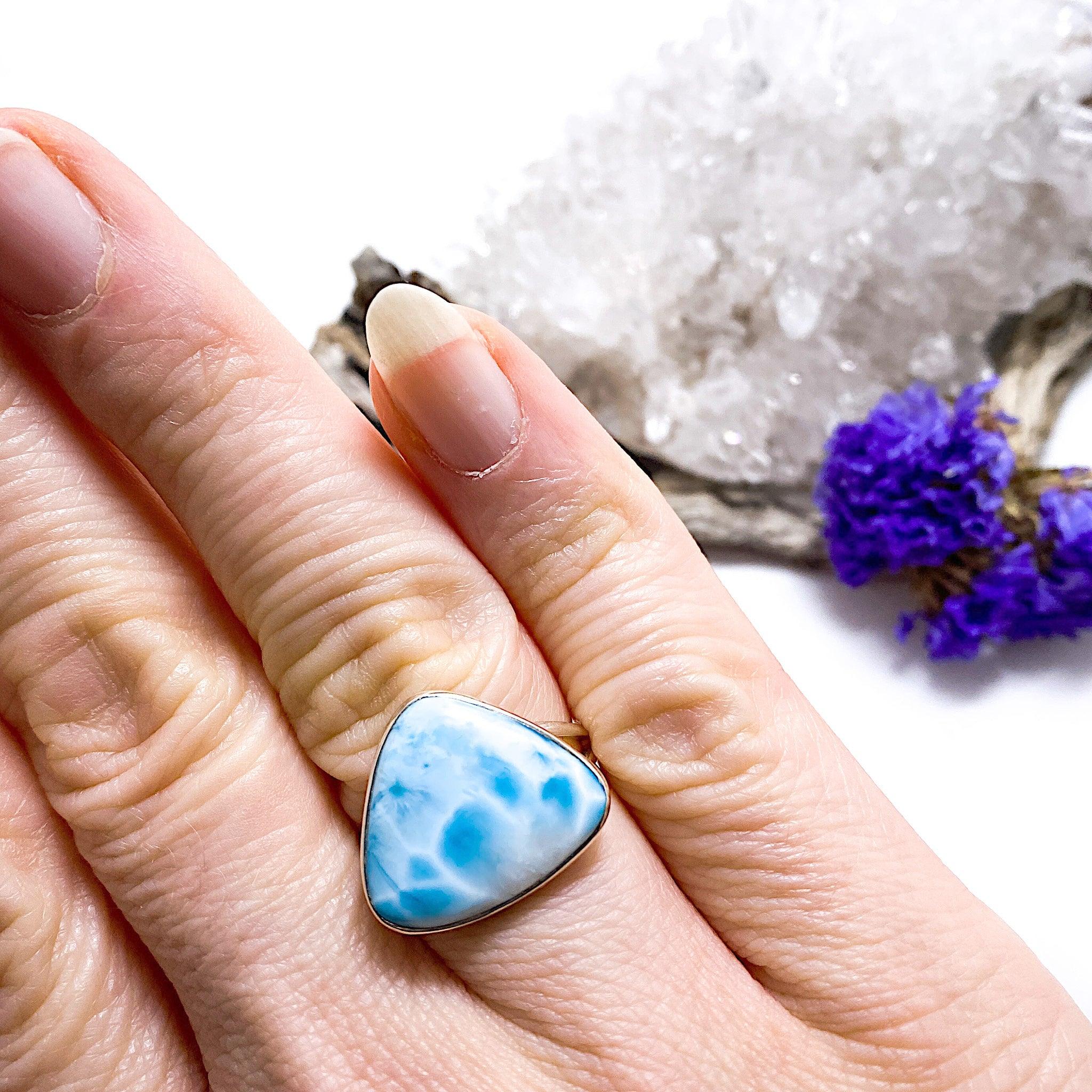 Larimar Teardrop Ring - Sterling Silver 925, Handmade Jewelry, Unique Gemstone Ring for Women - Perfect for Beach Weddings, Boho Fashion & Everyday Elegance