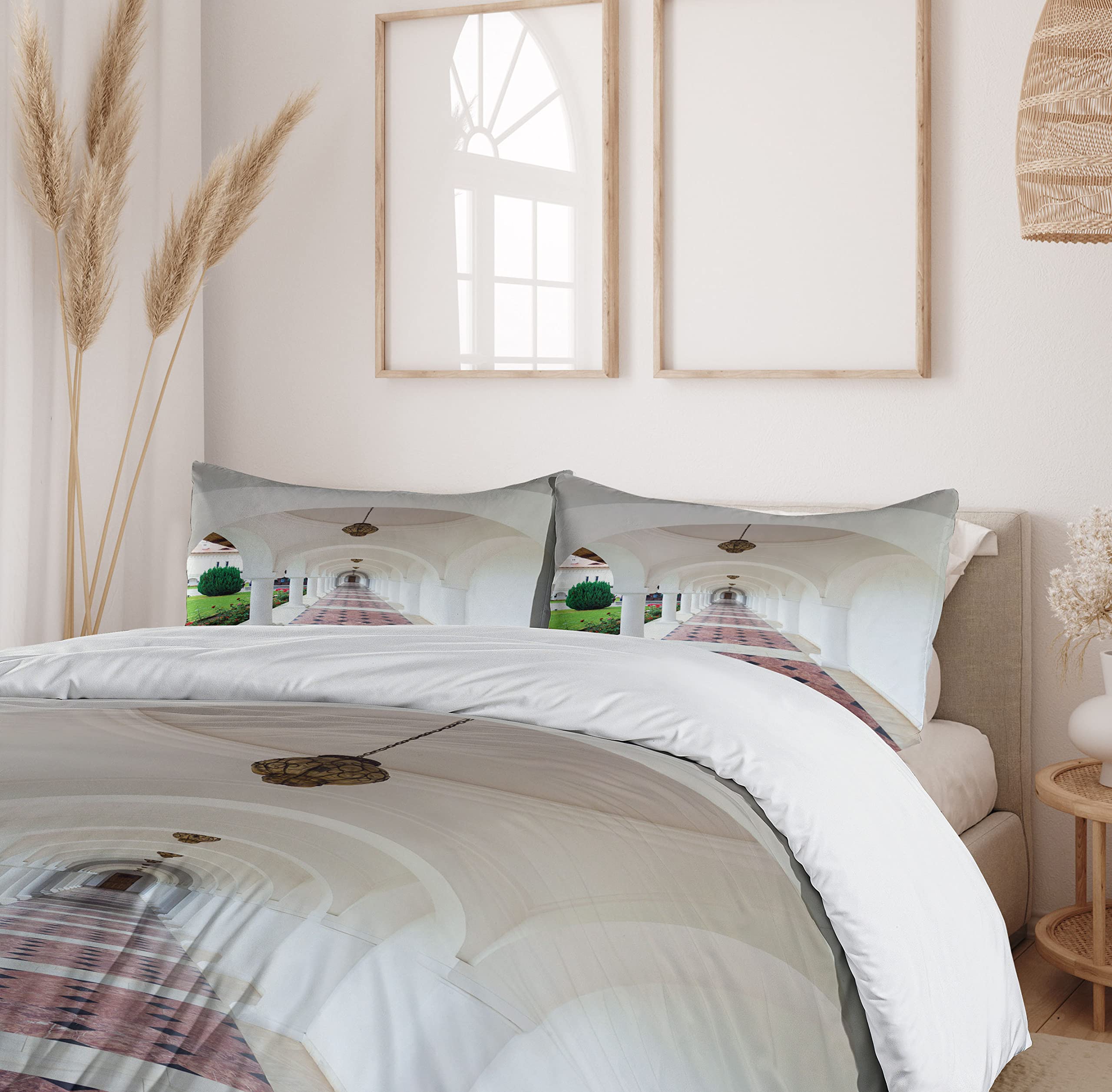 Ambesonne Travel Duvet Cover Set - 3 Piece Bedding with 2 Pillow Shams | California King Size | White & Green Romanesque Arch Design Inspired by Transylvania's Sambata de Sus Monastery | Perfect for Guest Rooms, Vacation Homes & Bohemian Bedroom Decor
