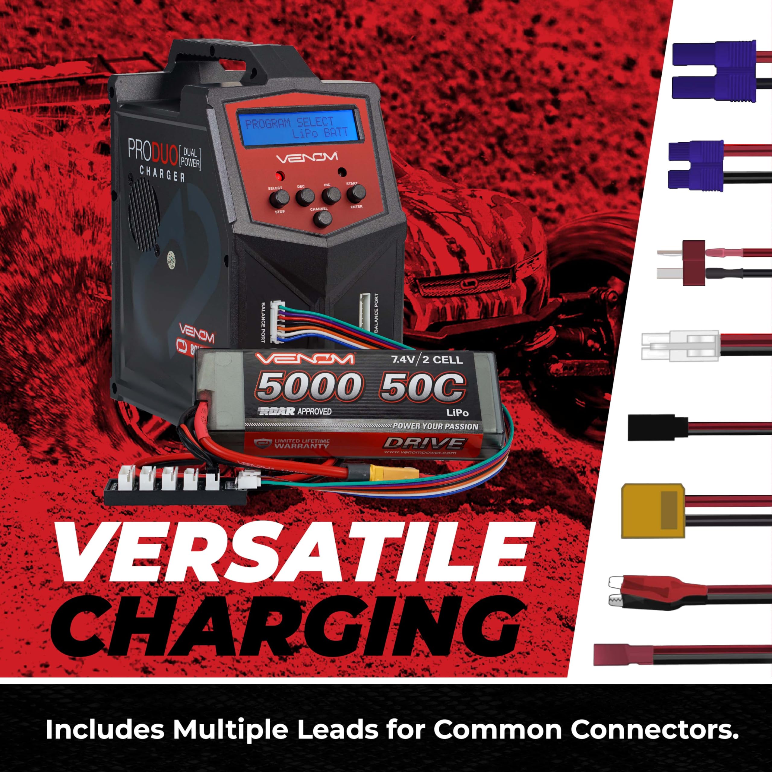 Venom Power Pro Duo LiPo Battery Charger - LCD Display with Charging Cables - Balance Charger & Discharger for LiPo, LiHV, Li-Ion, LiFe, NiMH, NiCd, Pb Batteries (1S-6S) - Perfect for Drones, RC Cars, Airplanes & Hobby Vehicles - Fast Charging & Safe Power Supply