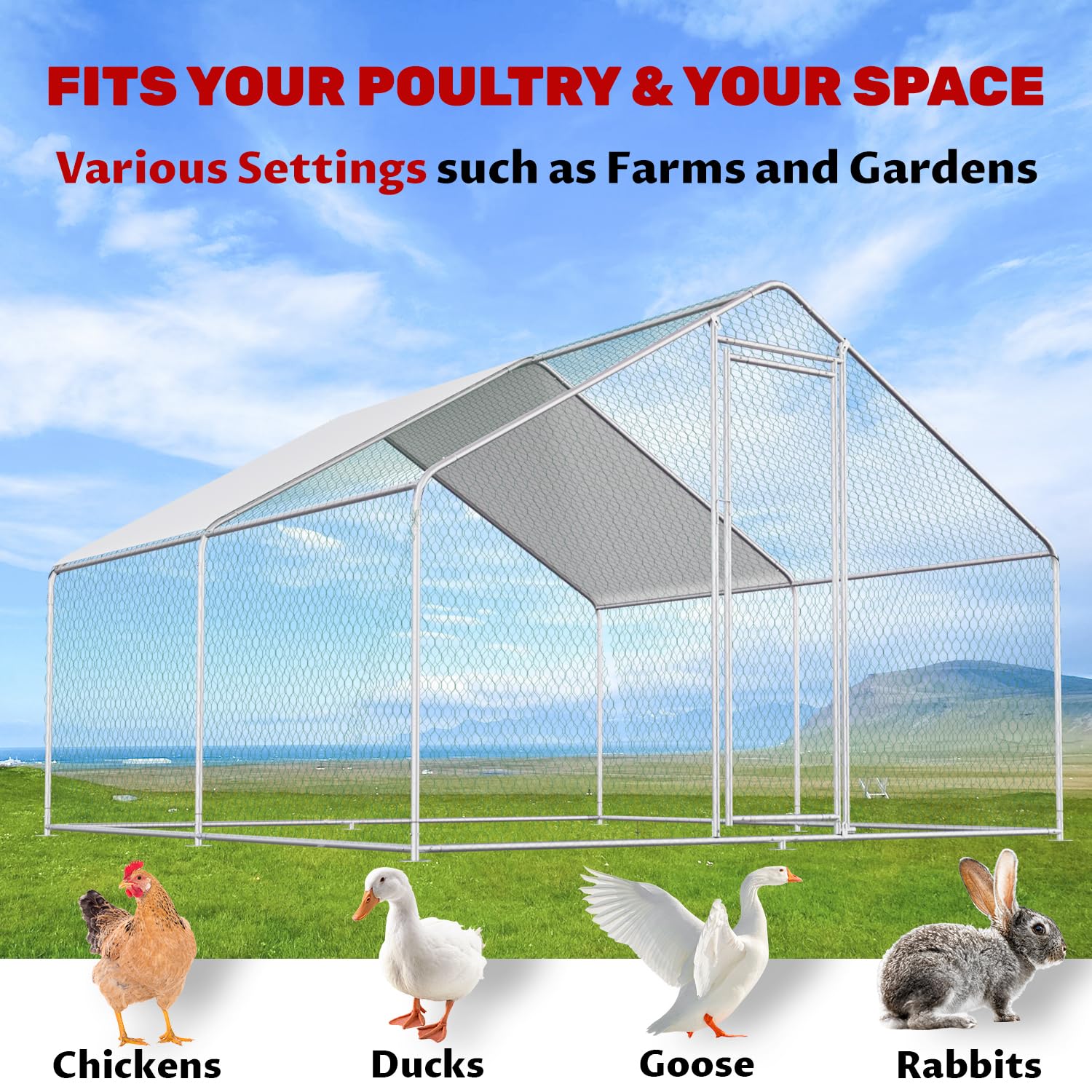 Large Metal Chicken Coop & Run Pen for 10 Chickens - Durable Poultry Cage with Waterproof Cover - Walk-in Design for Backyard, Farm & Outdoor Use - Perfect for Free-Range Chickens, Egg Laying Hens & Small Flock Protection