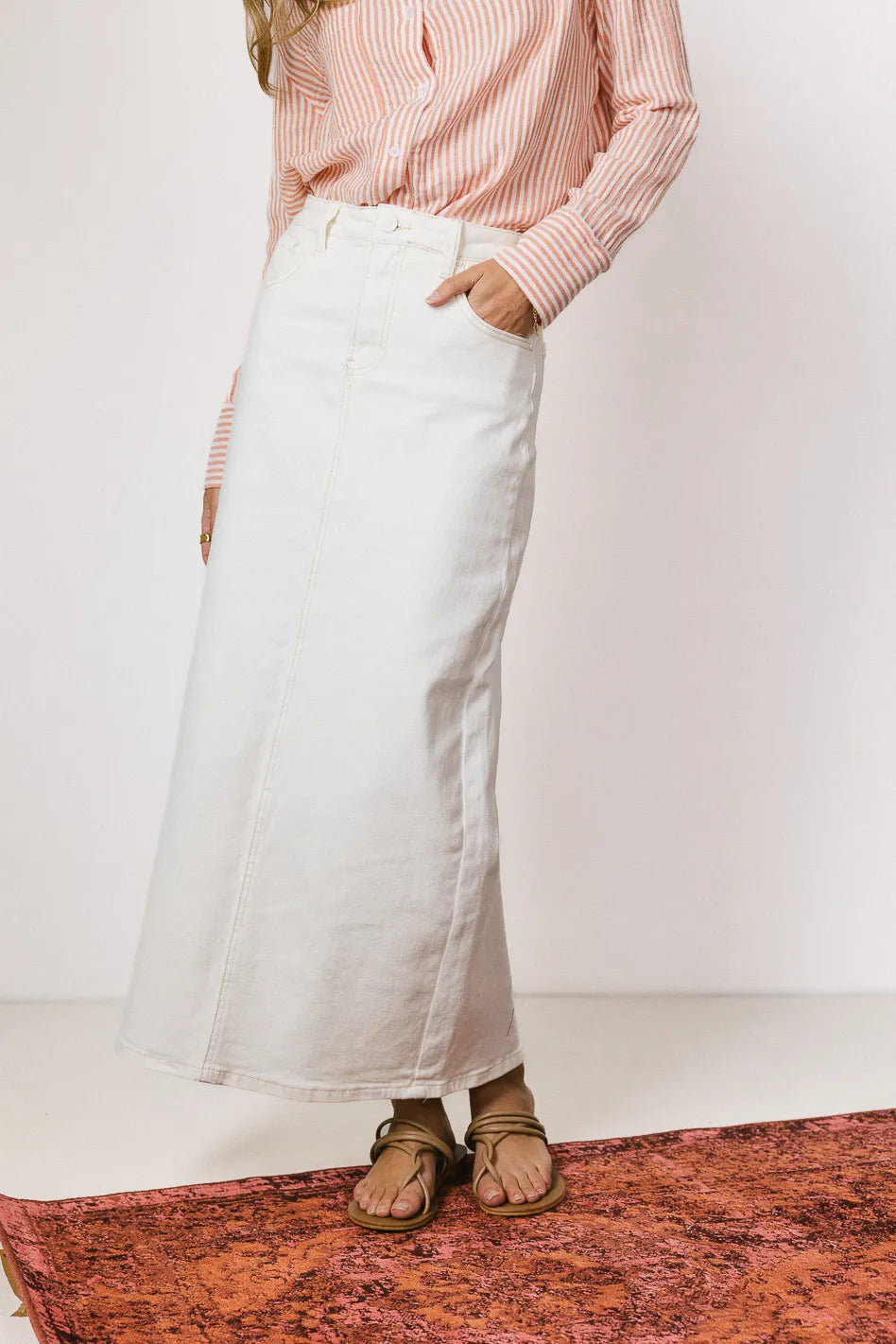 Harley Denim Midi Skirt Women's Vintage Washed Cream A-Line Denim Skirt - Perfect for Casual Outings, Date Nights & Spring Summer Fashion