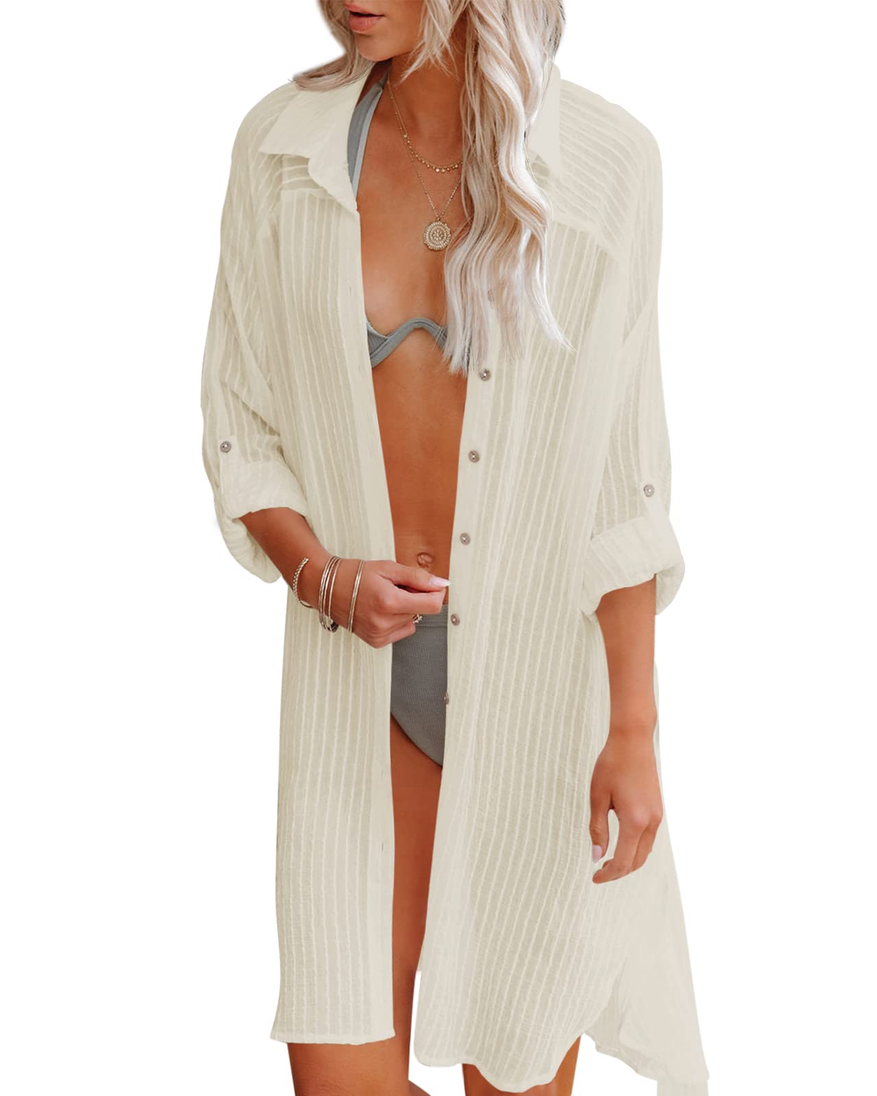 Ivay Women's Beach Cover Up - Casual Chiffon Swim Bikini Cover Up, Long Sleeve Button Down Shirt with Roll Up Sleeves | Perfect for Poolside, Beach Vacation & Summer Outings