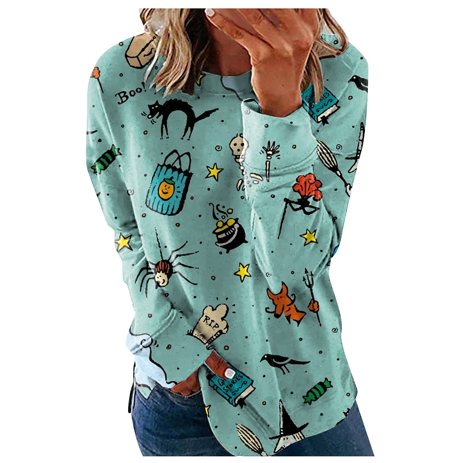 UODSVP Women's Long Sleeve Halloween Graphic Print Sweatshirt - Casual Fall Fashion Top for Pumpkin Patch, Costume Parties & Cozy Outfits