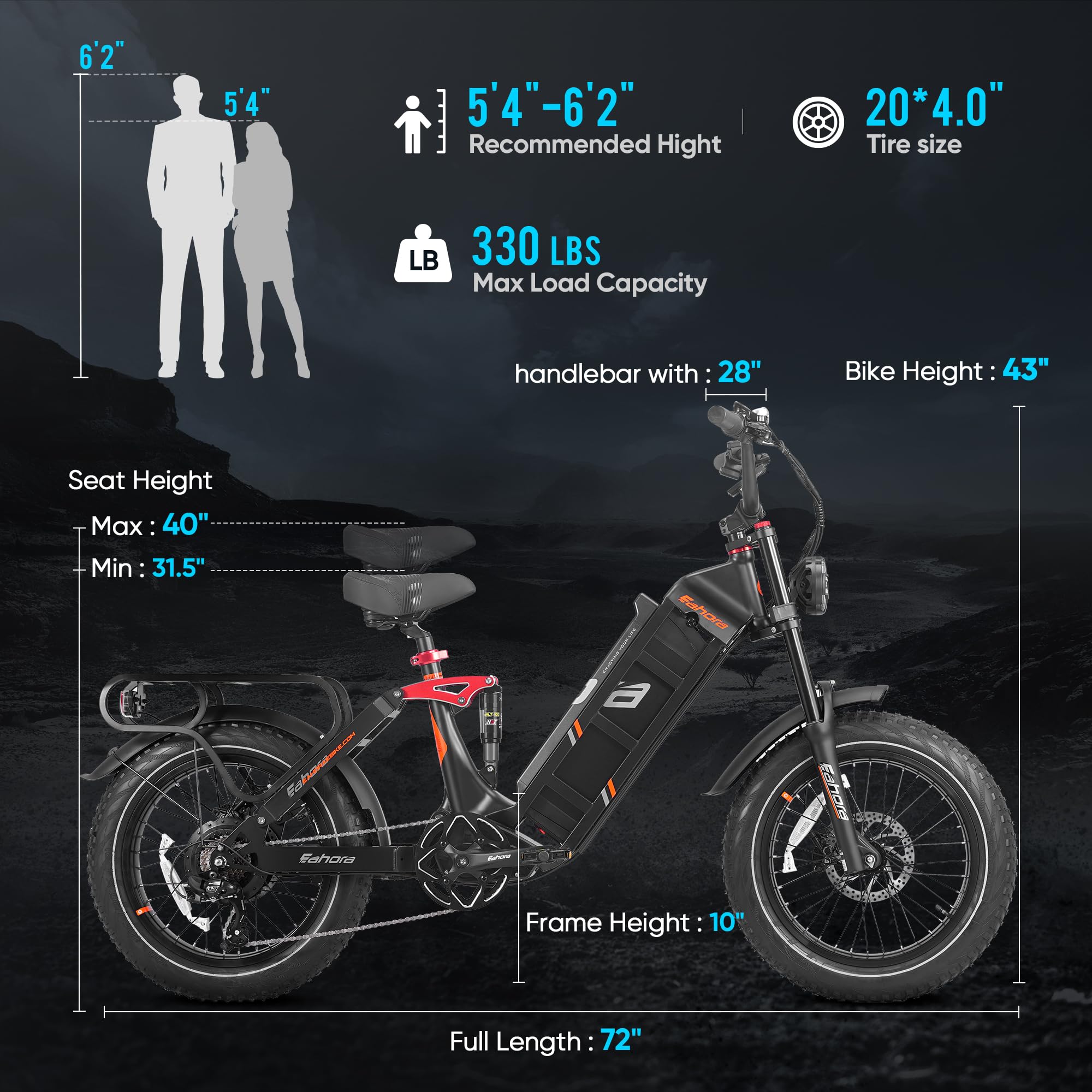 eAhora Juliet II/Juliet 1700W/1200W Electric Bike for Adults - 52V/48V 60Ah Battery, 100-200 Miles Range, 20