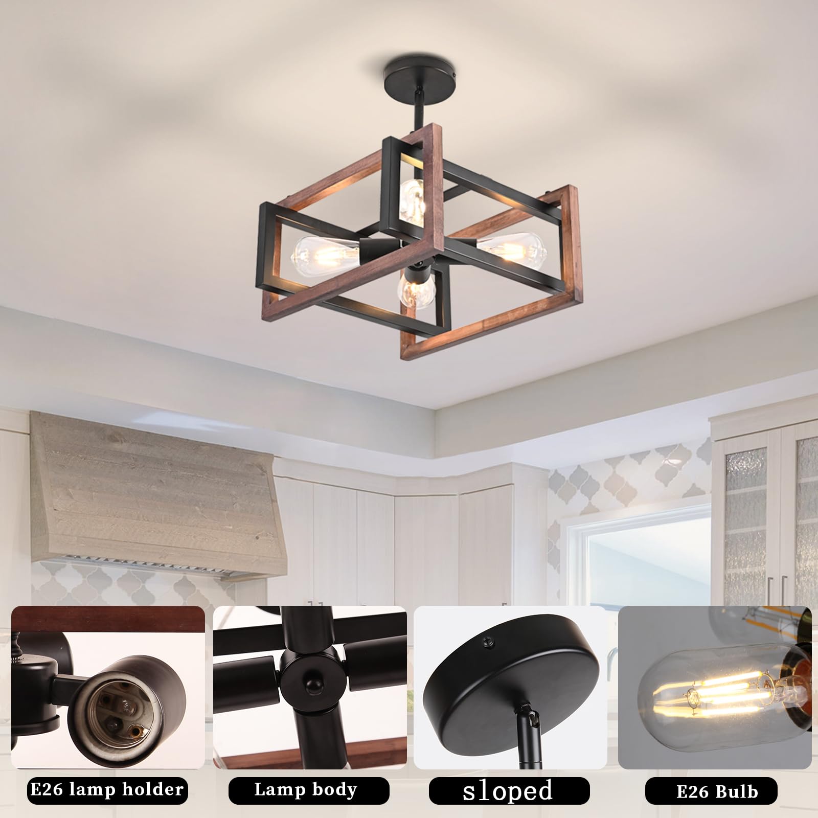 HuisMier 4-Light Farmhouse Ceiling Light Fixture - Rustic Wood & Metal Semi-Flush Mount Chandelier in Black - Industrial Style Lighting for Dining Room, Kitchen, Bedroom, Living Room, Hallway & Entryway - Perfect for Farmhouse, Industrial & Rustic Home Decor