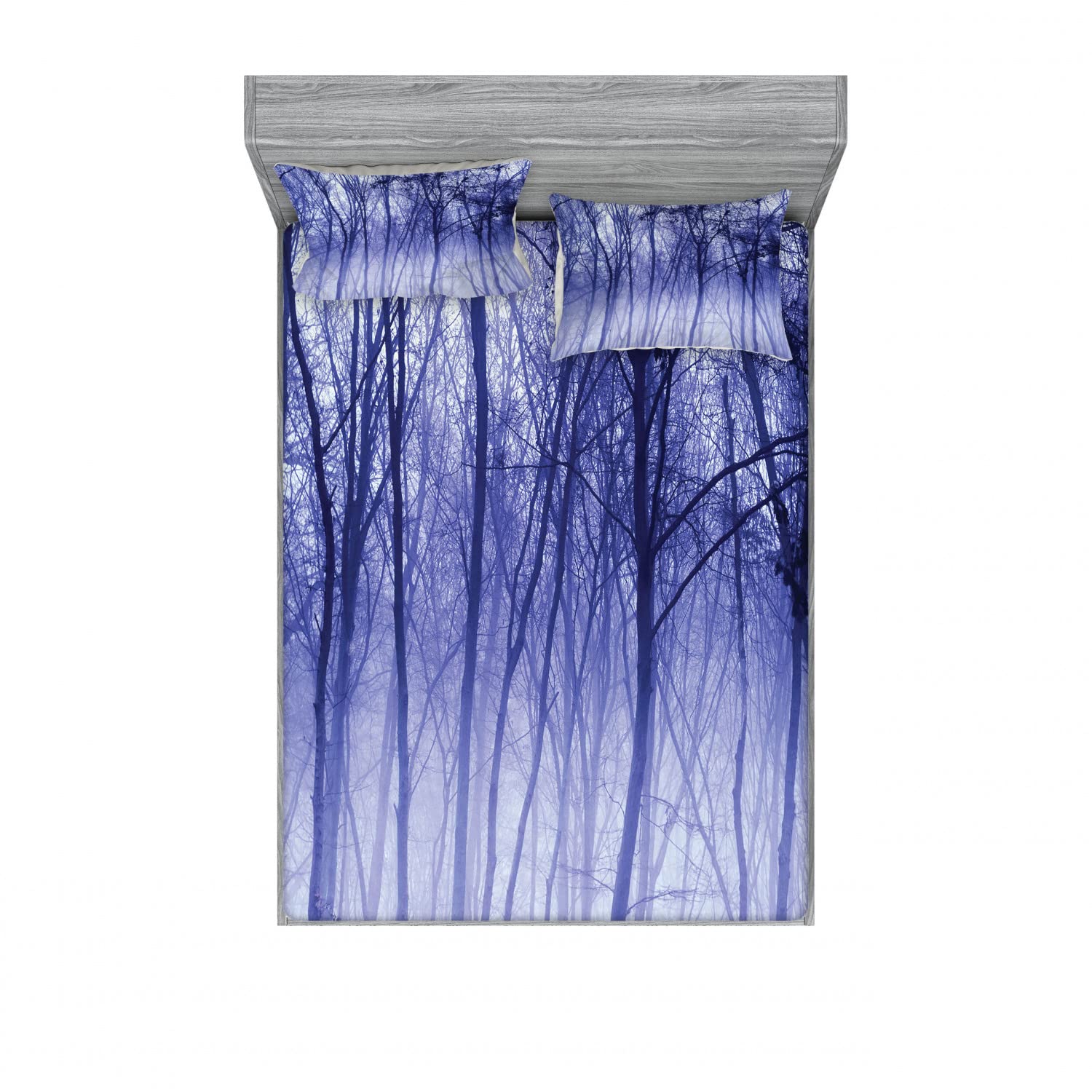 Ambesonne 2-Pack Full Size Fitted Sheet Set with 4 Pillow Shams - Winter Woodland Foggy Pattern Bedding in Purple Black Grey - Soft Microfiber Sheets for Cozy Cabin Retreats & Nature-Inspired Bedroom Decor