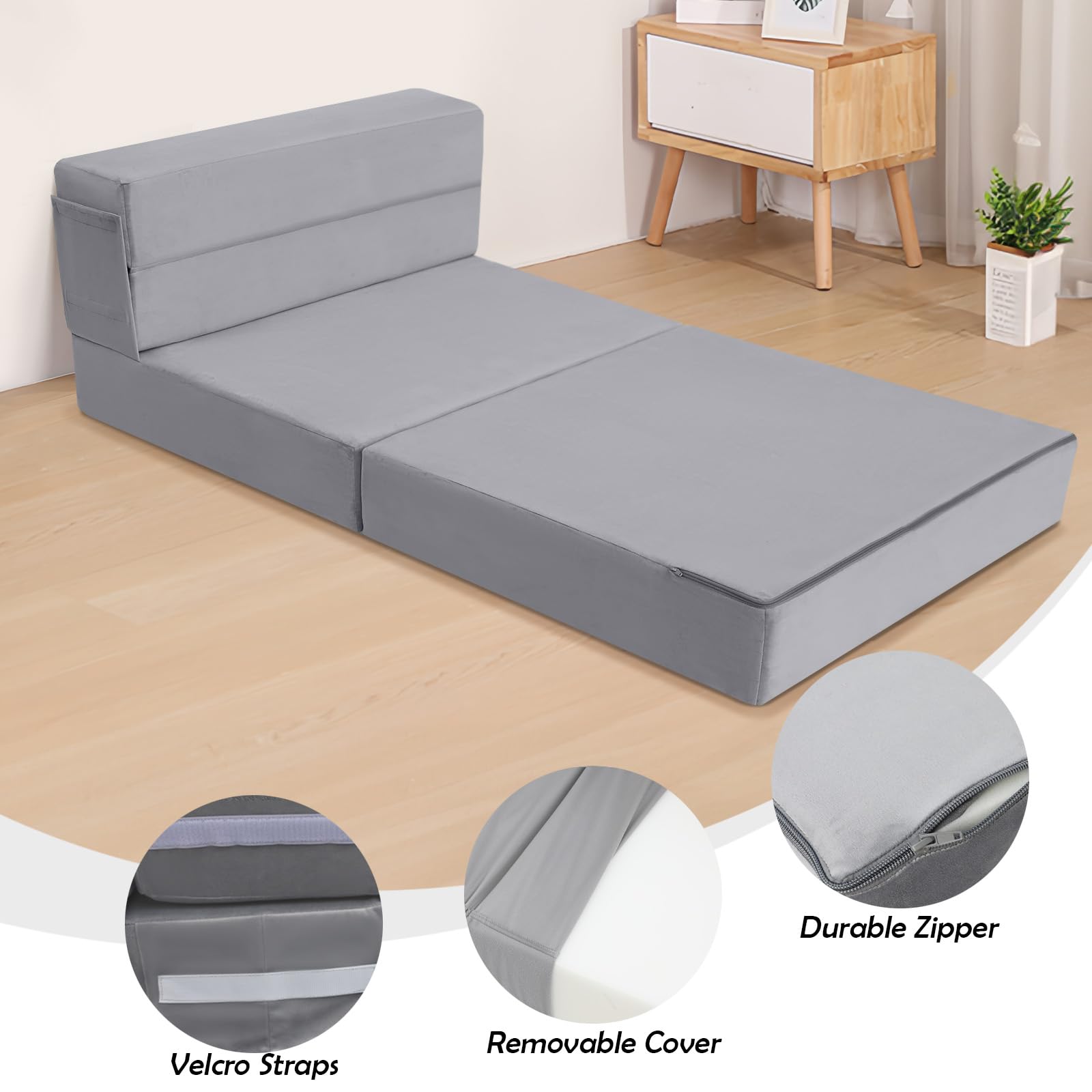 Foldable Futon Chair Bed Sleeper for Adults - Twin Size 6 Inch Folding Mattress Sofa Bed with Pillow, Convertible Tri-Fold Foam Floor Sofa for Living Room, Guest Room & Small Spaces (Grey) - Perfect for Apartments, Dorms & Overnight Guests