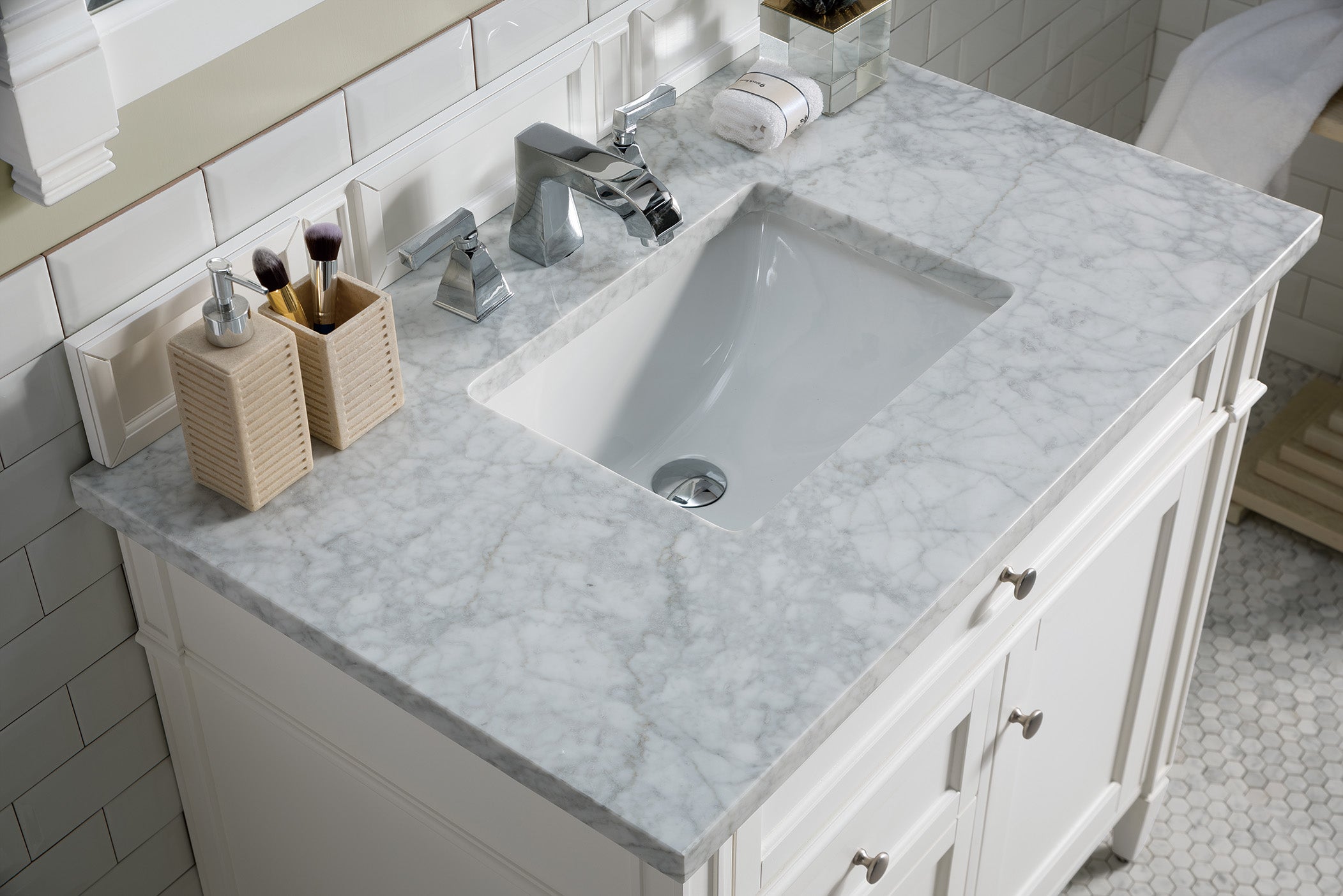 Brittany 36-Inch Bright White Bathroom Vanity with 3CM Carrara Marble Top - Perfect for Modern Master Bathrooms & Powder Rooms