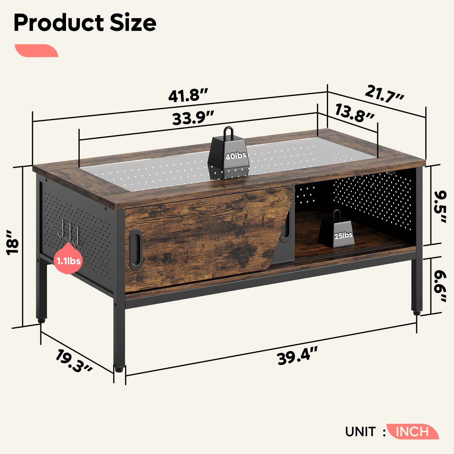 Bestier 42 Inch Rustic Brown LED Coffee Table with Storage & Sliding Glass Doors - Modern Living Room Center Table for Home Decor, Perfect for Small Spaces & Entertaining Guests
