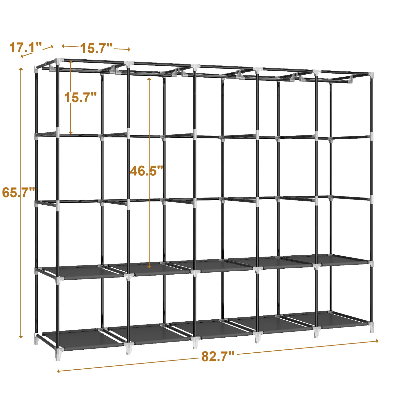 83 Inch Wide Portable Closet Wardrobe Organizer with Cover - 5 Hanging Rods & 10 Shelves for Clothes Storage | Perfect for Bedroom, Dorm, Apartment, RV or Temporary Closet Solution (Black)