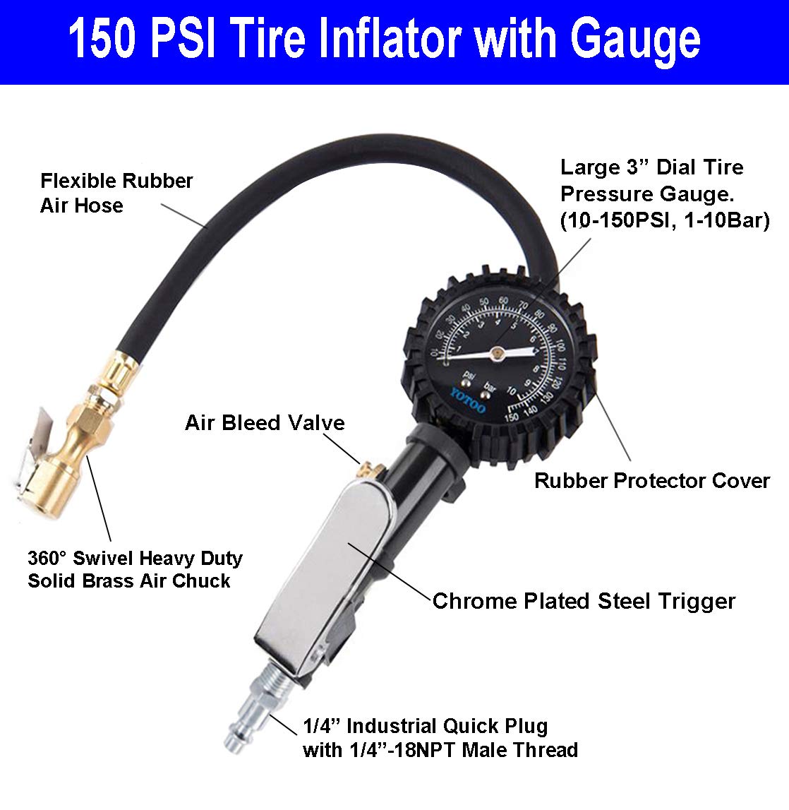 YOTOO Recoil Air Hose Kit with Tire Inflator Gauge - 1/4