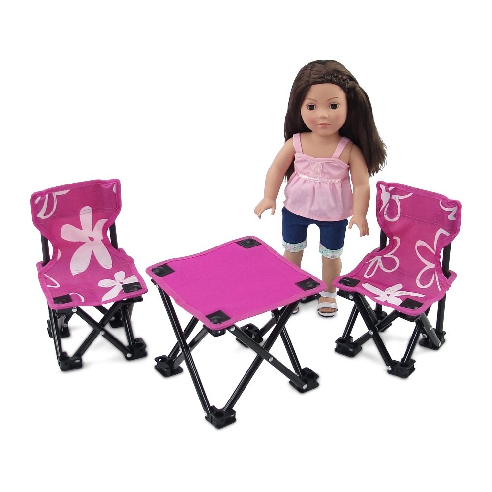 Emily Rose 18 Inch Doll 3-Piece Folding Camping Beach Sports Chair Set with Table | Compatible with 16-18