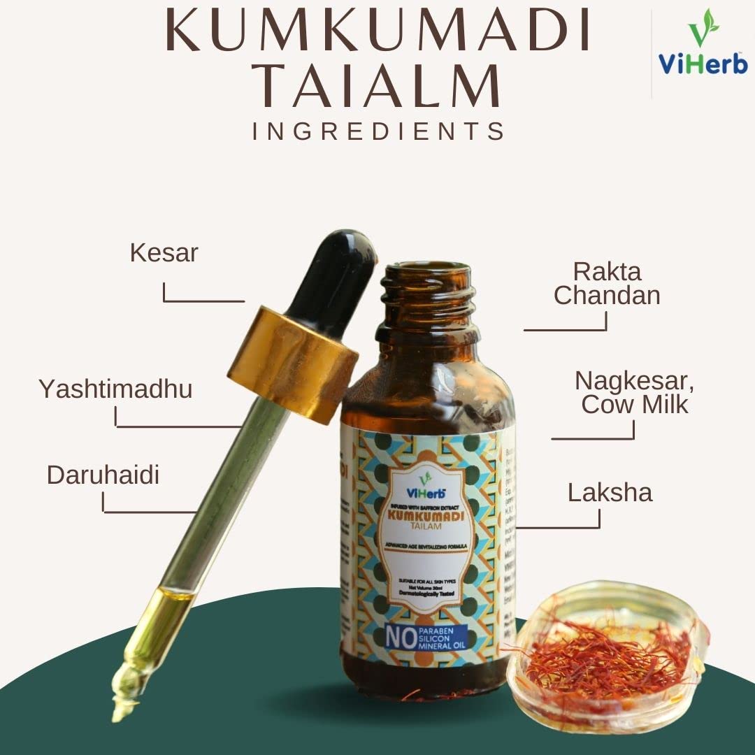 Viherb Kumkumadi Tailam Serum for Brightening & Glowing Skin | Reduces Wrinkles, Hyperpigmentation & Dark Circles | Anti-Aging Face Serum with Fine Line & Sun Damage Correction (30ml) | Perfect for Nighttime Skincare Routine & Daily Radiance Boost