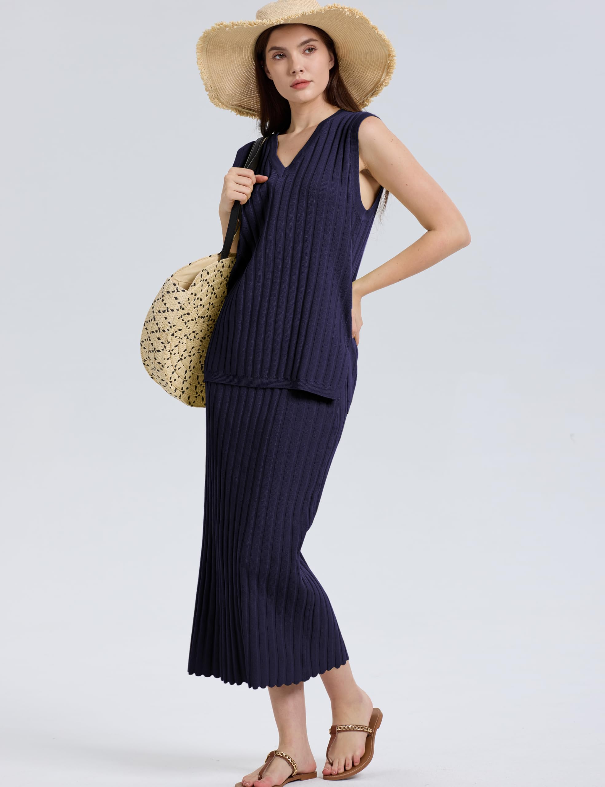 Women's 2-Piece Outfit - Sleeveless V-Neck Knit Vest & High Waisted Skirt Set | Summer Casual Wear, Office Outfits, Date Night & Vacation Outfits